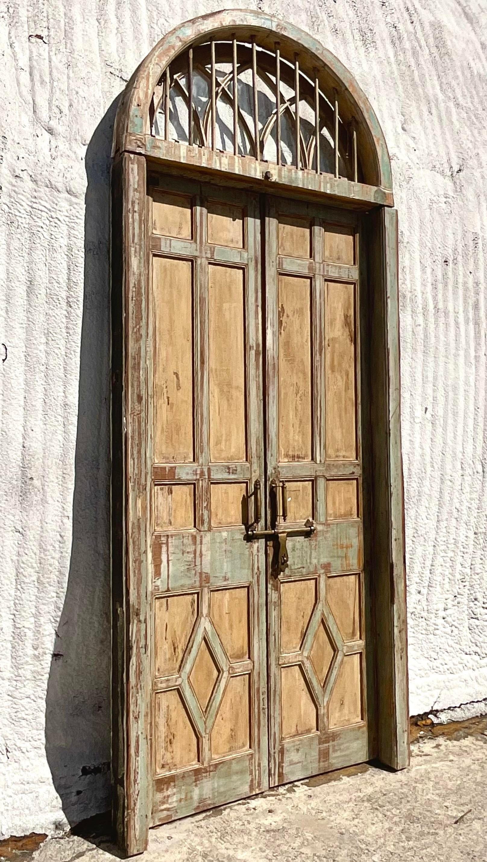 Wood Vintage Italian Patinated Doors with Coordinating Transom For Sale