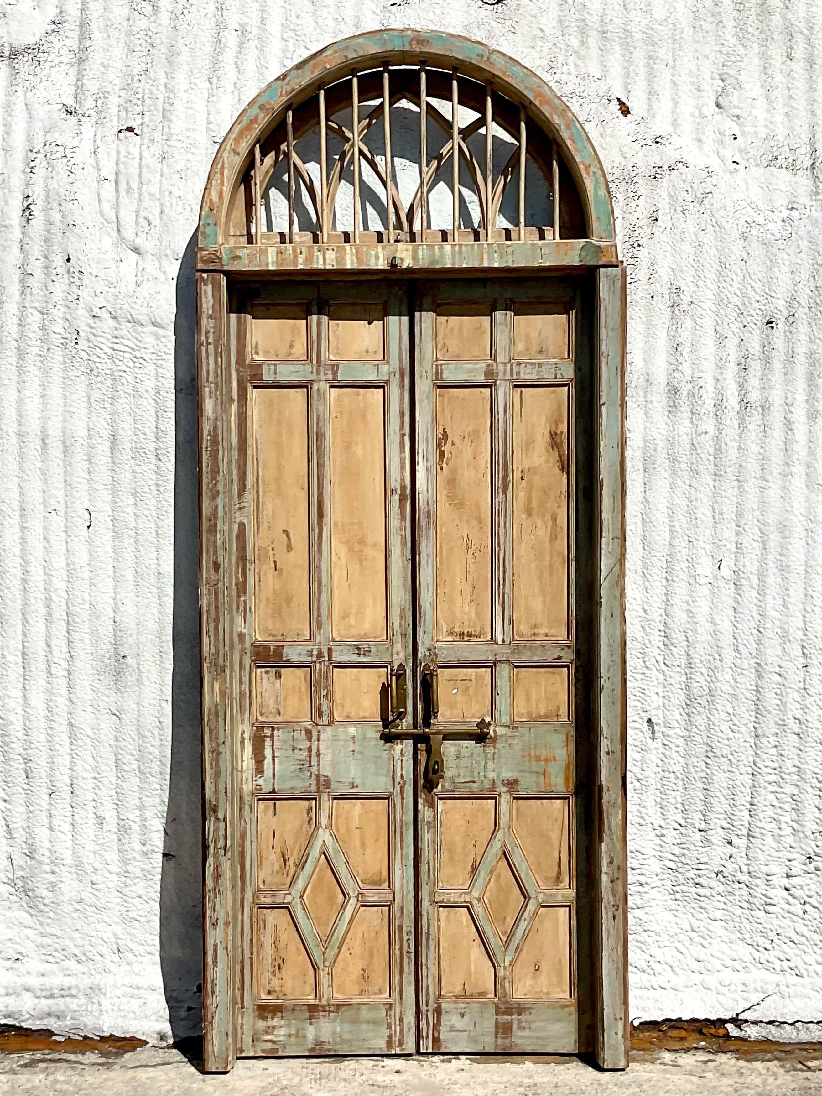 Vintage Italian Patinated Doors with Coordinating Transom For Sale 1