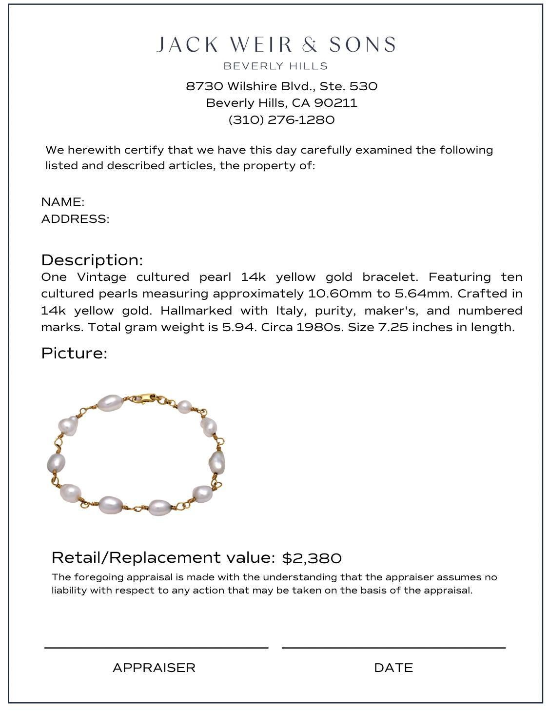 Vintage Italian pearl 14k yellow gold bracelet Pour femmes en vente