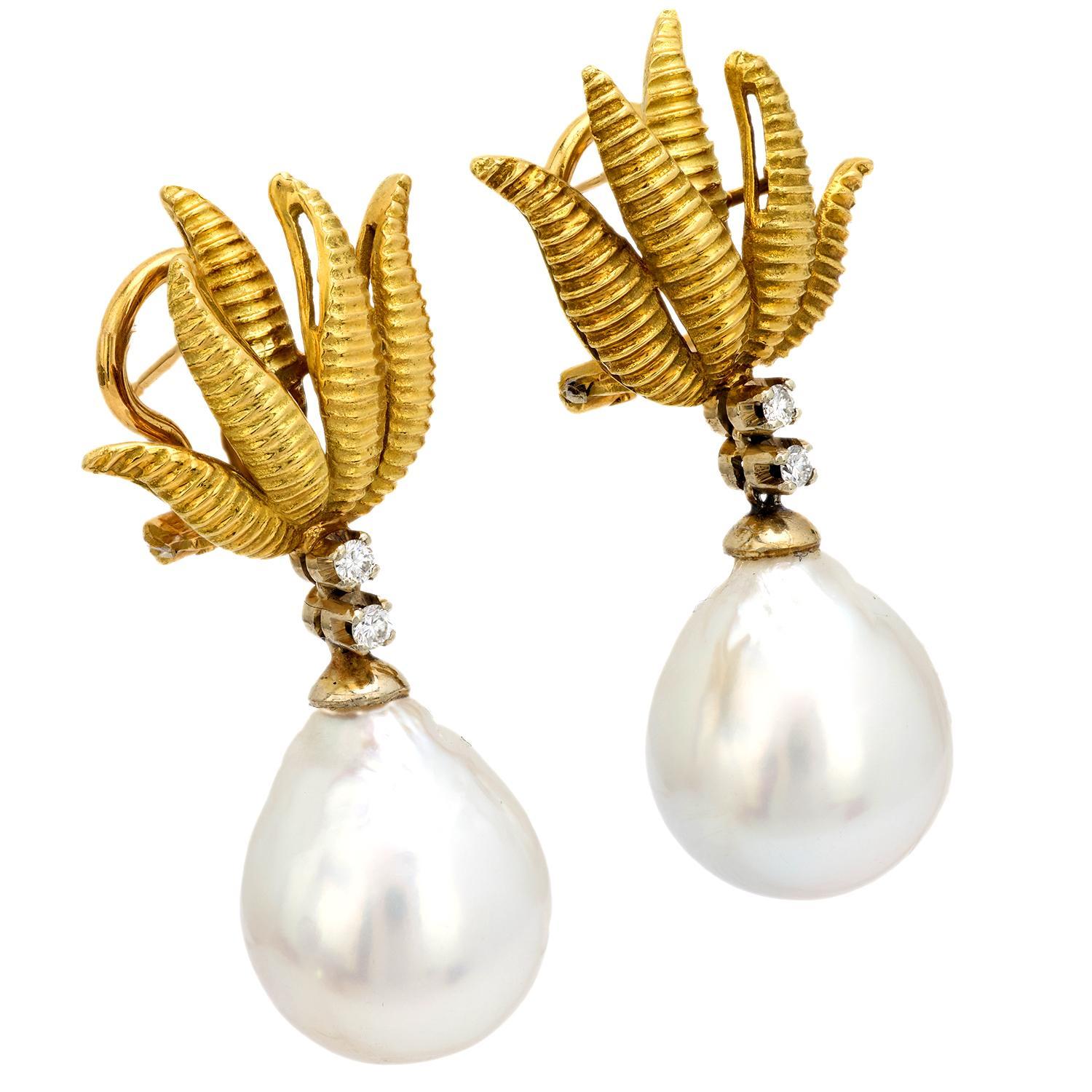 Modern Vintage Italian pearl diamond 18k yellow gold earrings For Sale