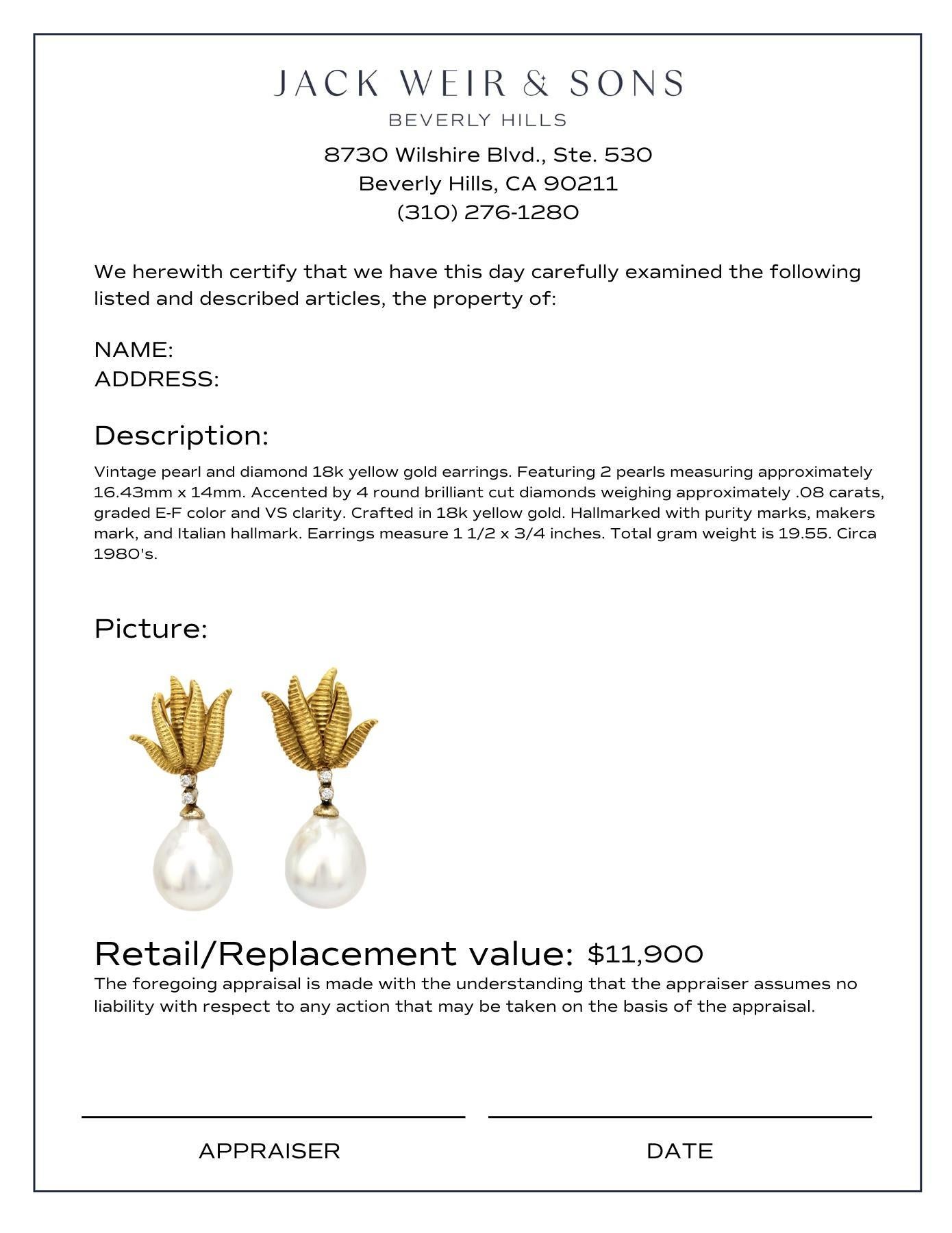 Women's Vintage Italian pearl diamond 18k yellow gold earrings For Sale