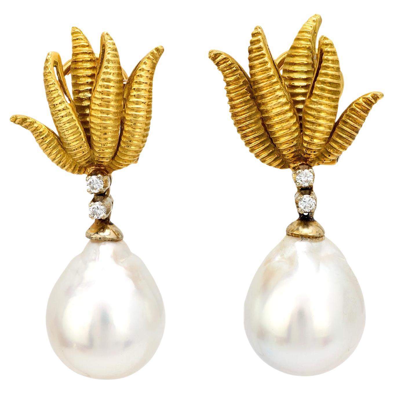 Vintage Italian pearl diamond 18k yellow gold earrings