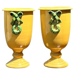 Vintage Italian Pedestal Ceramic Vases With Bow Detail