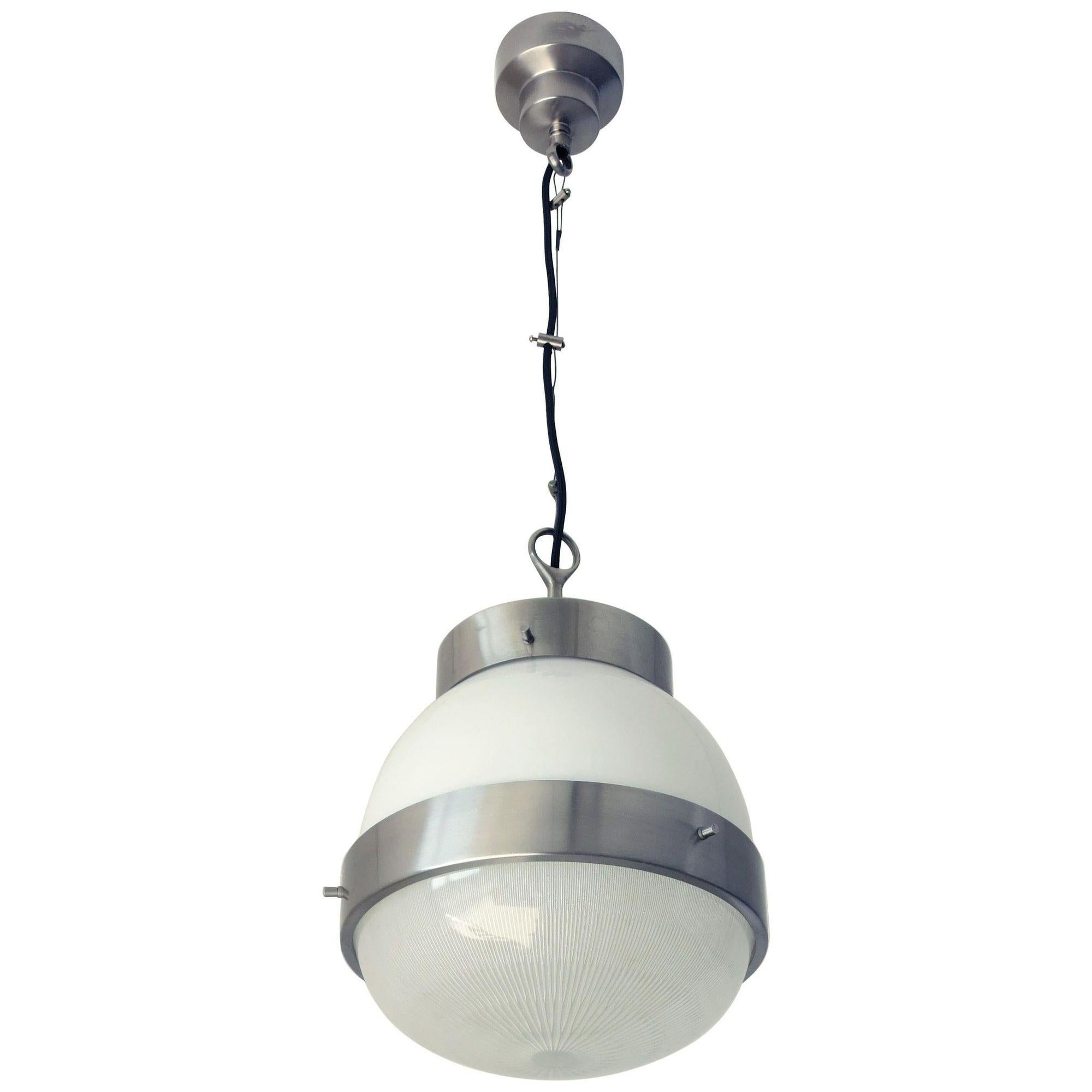 Vintage Italian pendant with frosted white and holophane glass on nickel frame. Designed by Sergio Mazza for Artemide in Italy, c. 1960's.
*Rewired to fit US Lighting Standards
*Chain height can be adjusted 
Dimensions:
15.75