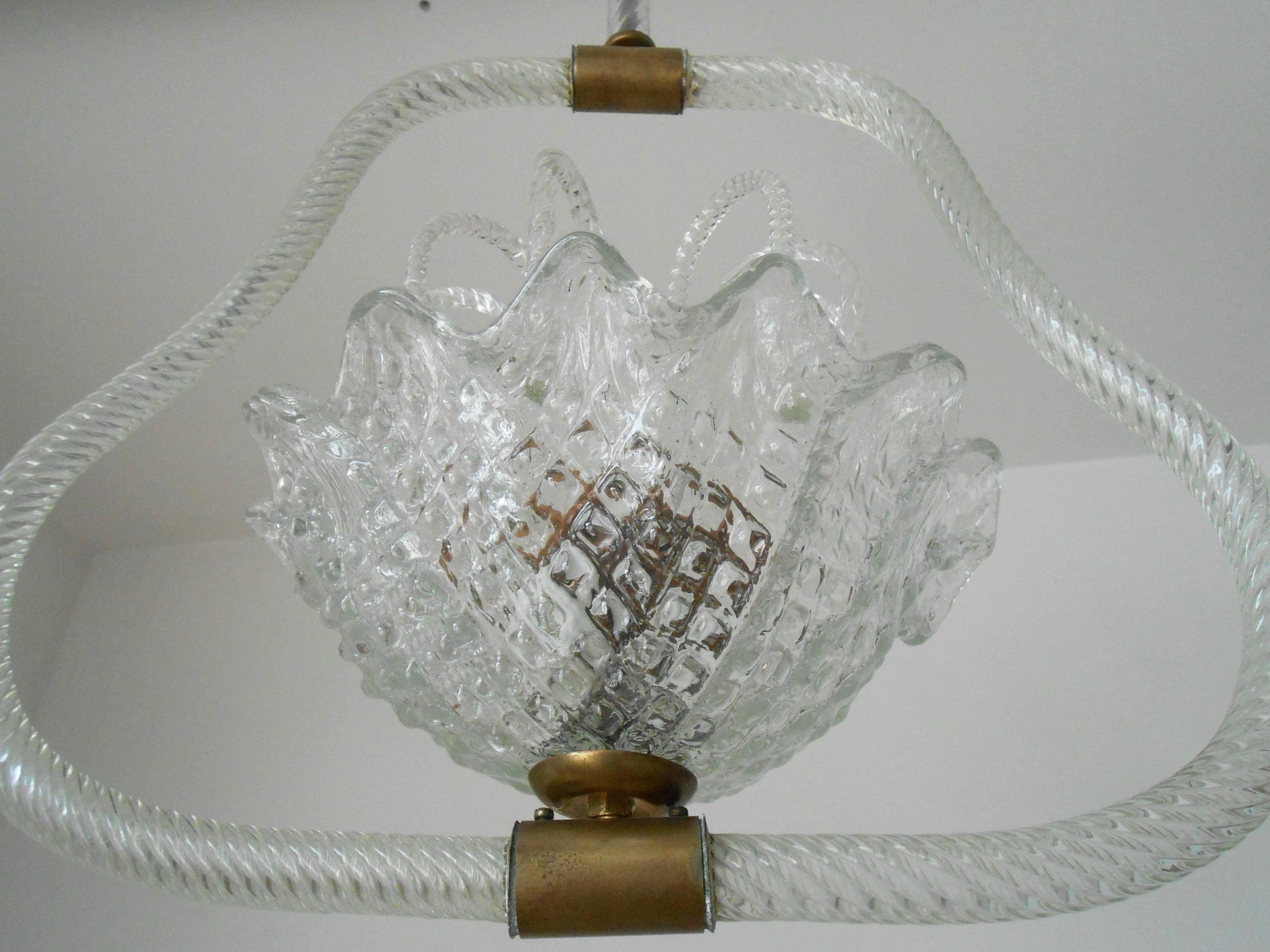 Vintage Italian Pendant Chandelier w/ Clear Murano Glass, Ercole Barovier, 1950s 3
