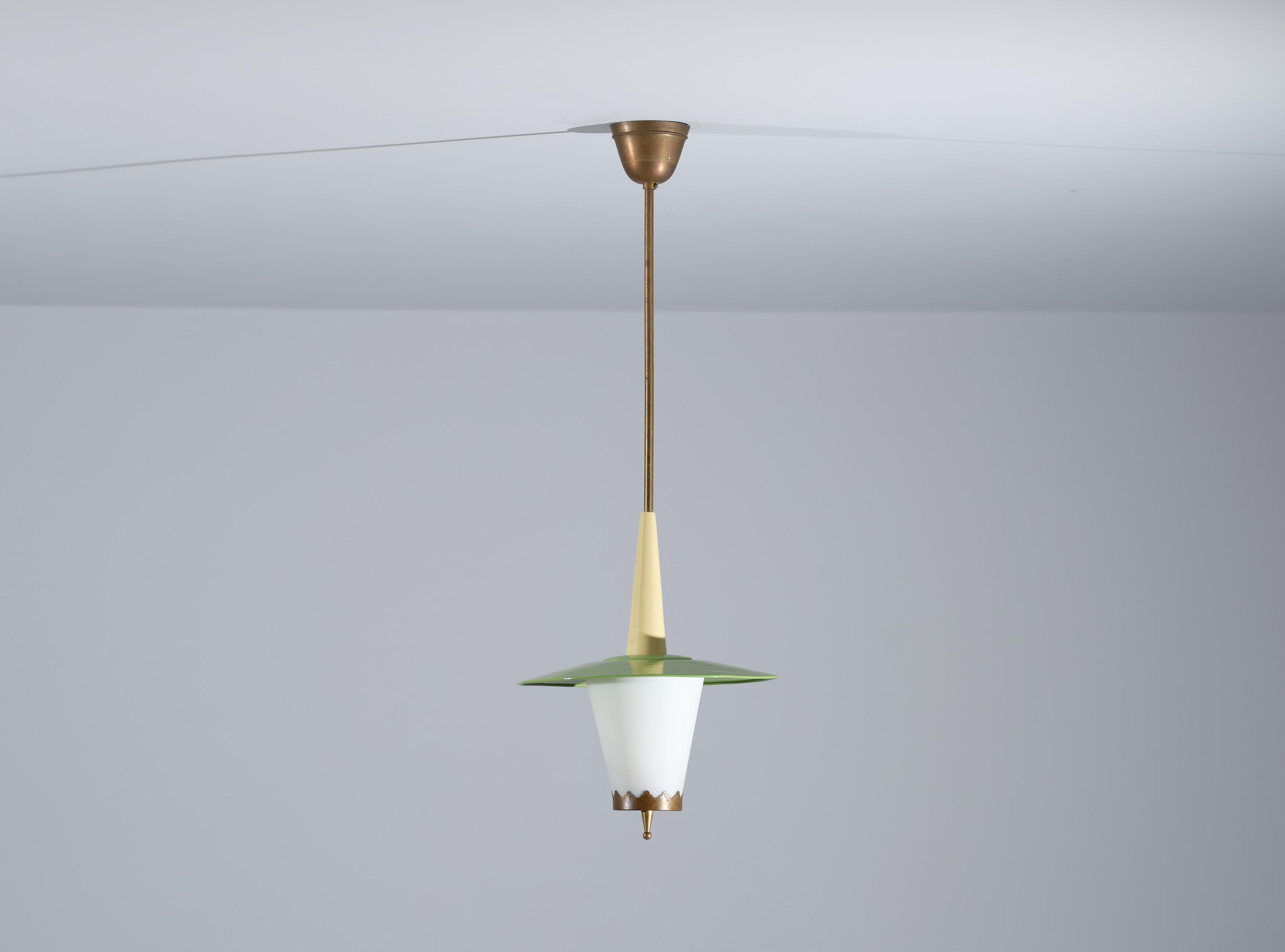 Mid-Century Modern Vintage Italian Pendant Lamp in Brass, Iron and Opaline Glass, 1950s