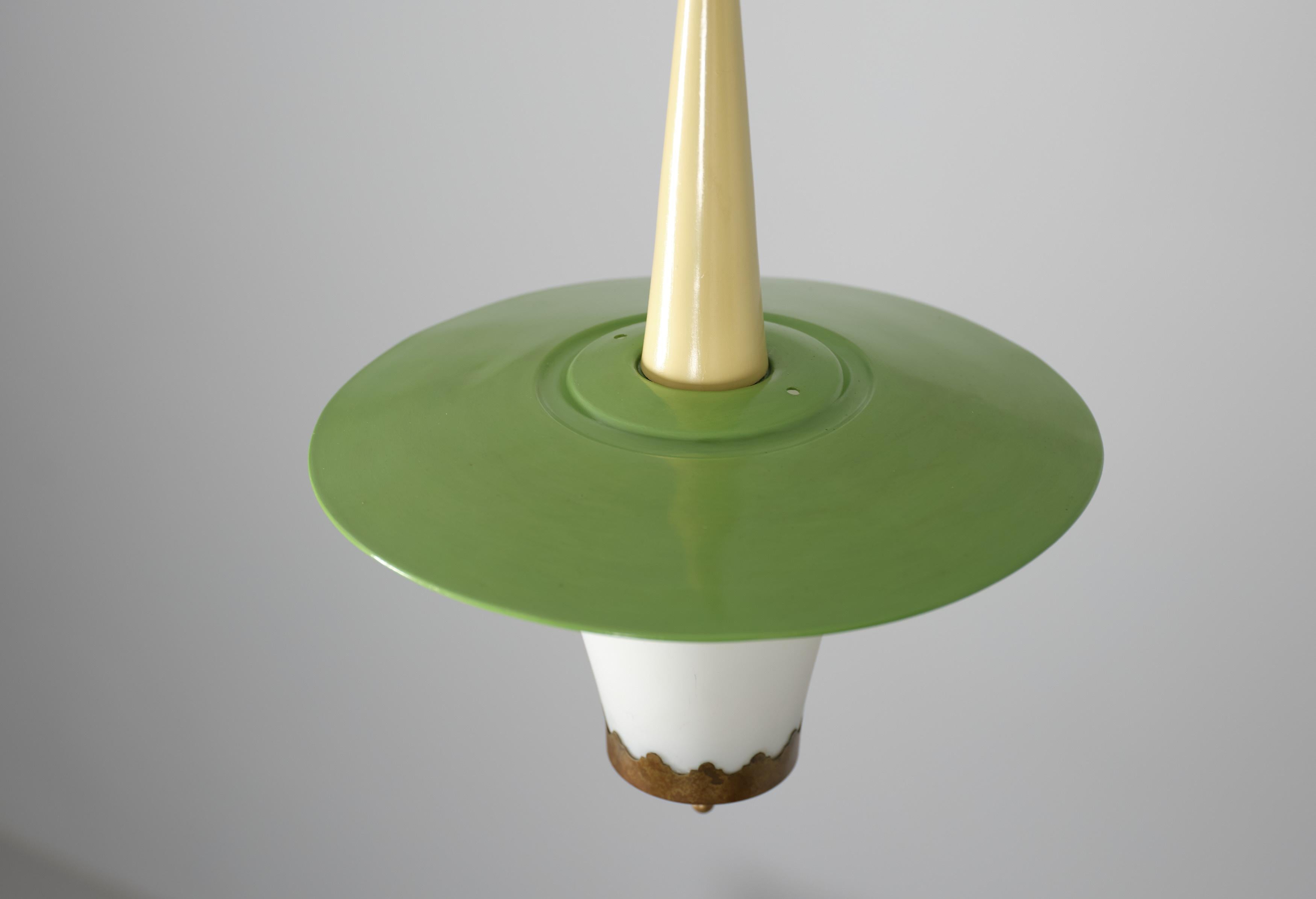 Vintage Italian Pendant Lamp in Brass, Iron and Opaline Glass, 1950s In Good Condition In Rome, IT