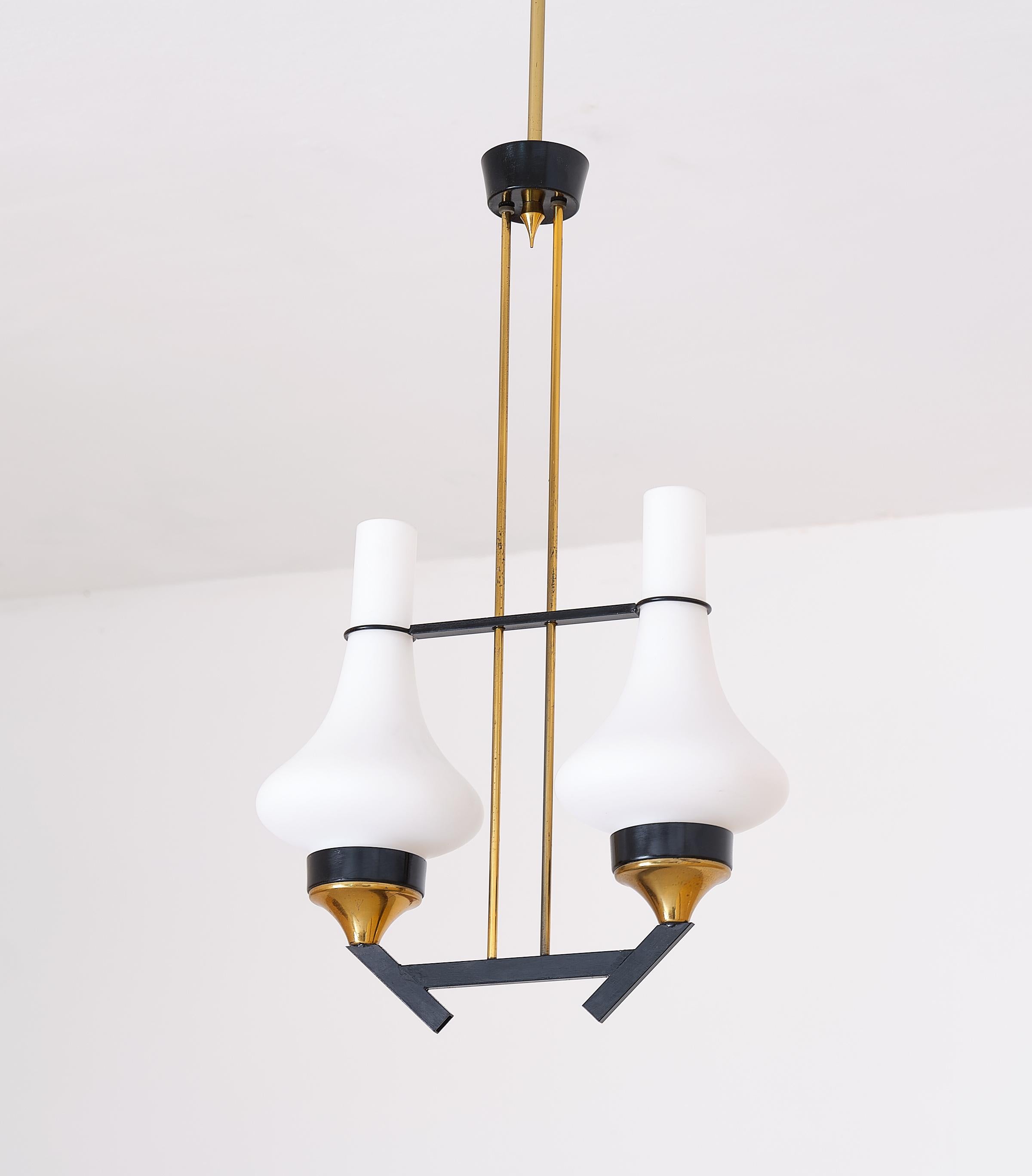 Mid-20th Century Vintage Italian Pendant Lamp in Brass, Iron and Opaline Glass, 1950s