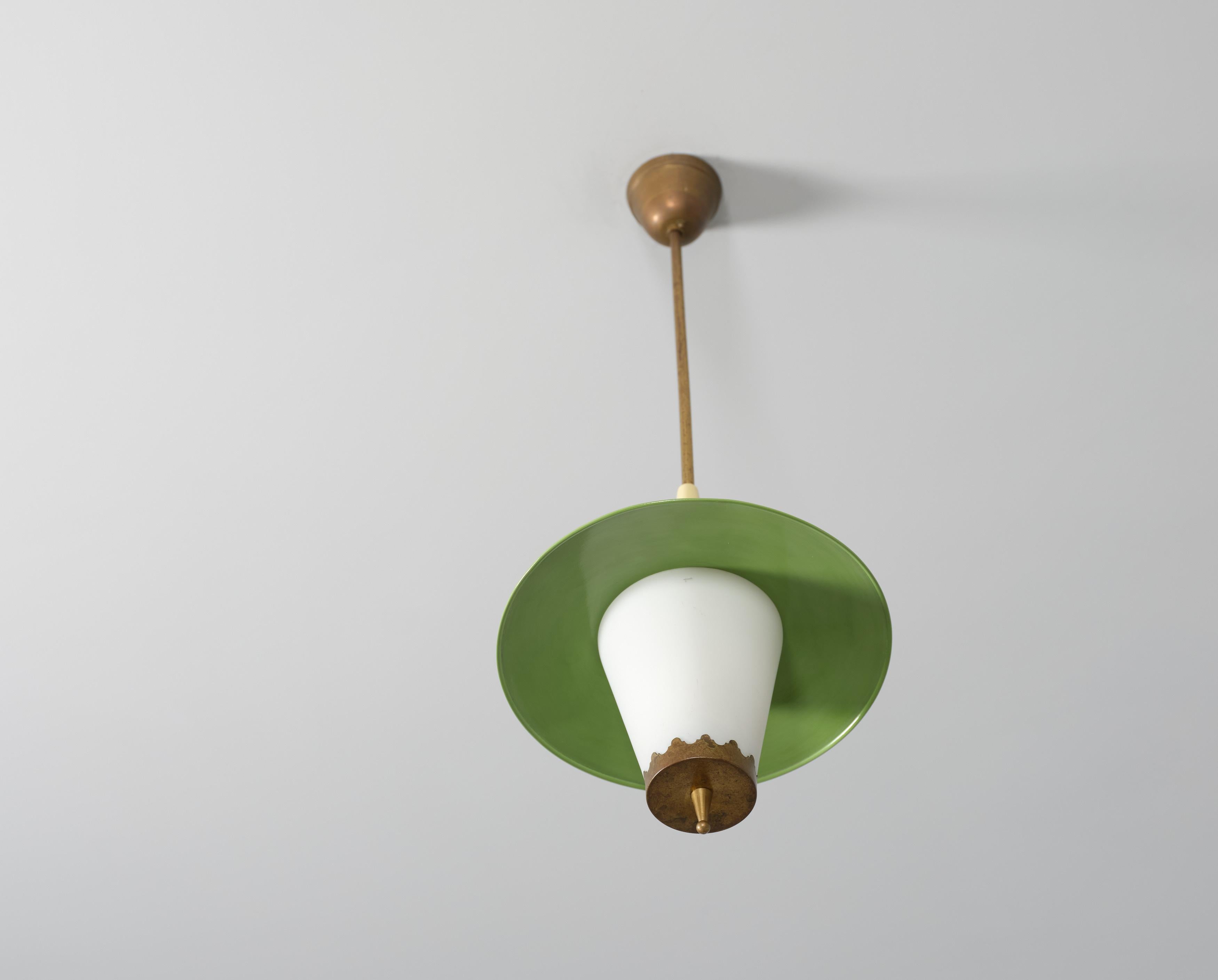 Mid-20th Century Vintage Italian Pendant Lamp in Brass, Iron and Opaline Glass, 1950s