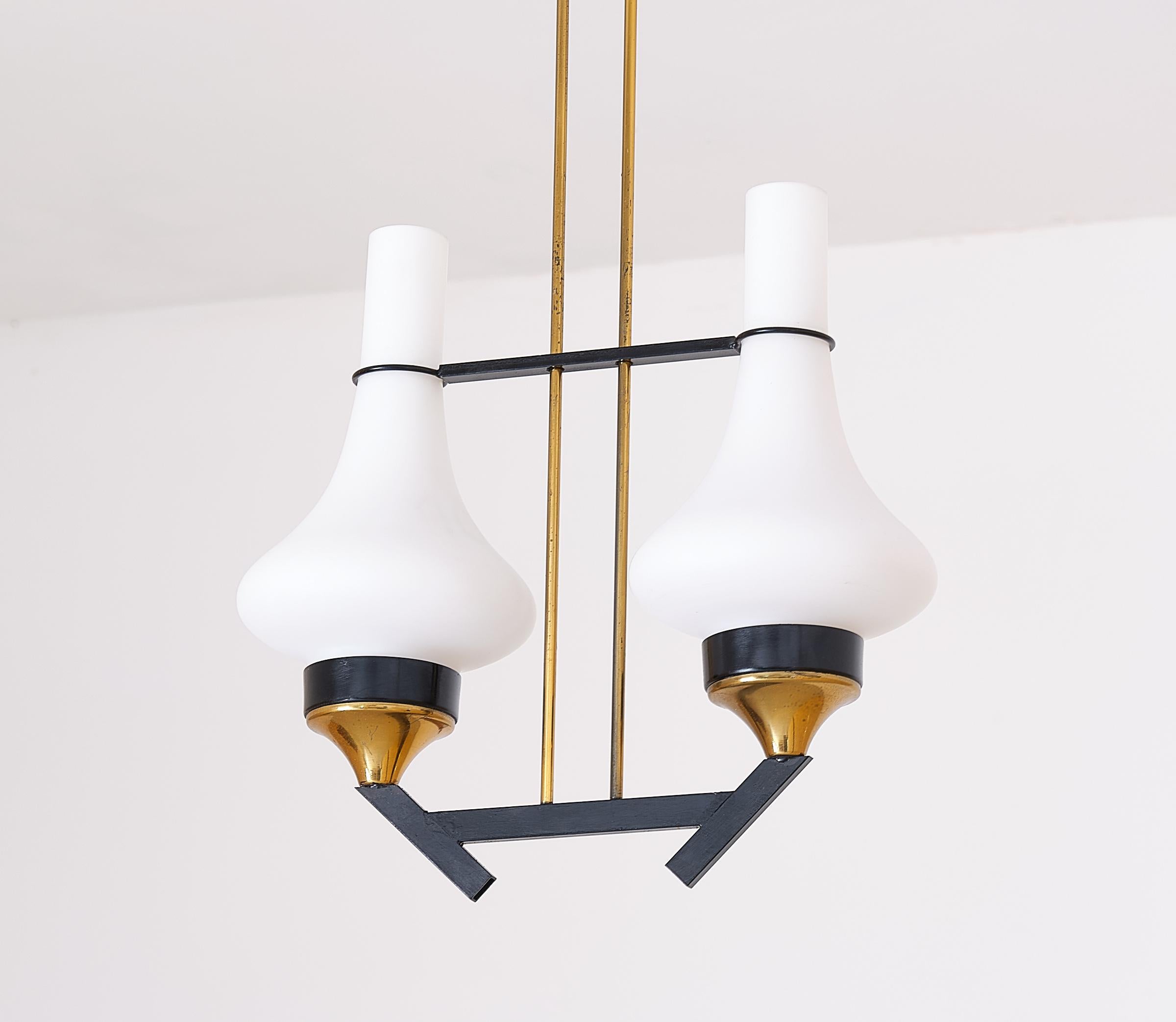 Vintage Italian Pendant Lamp in Brass, Iron and Opaline Glass, 1950s 1