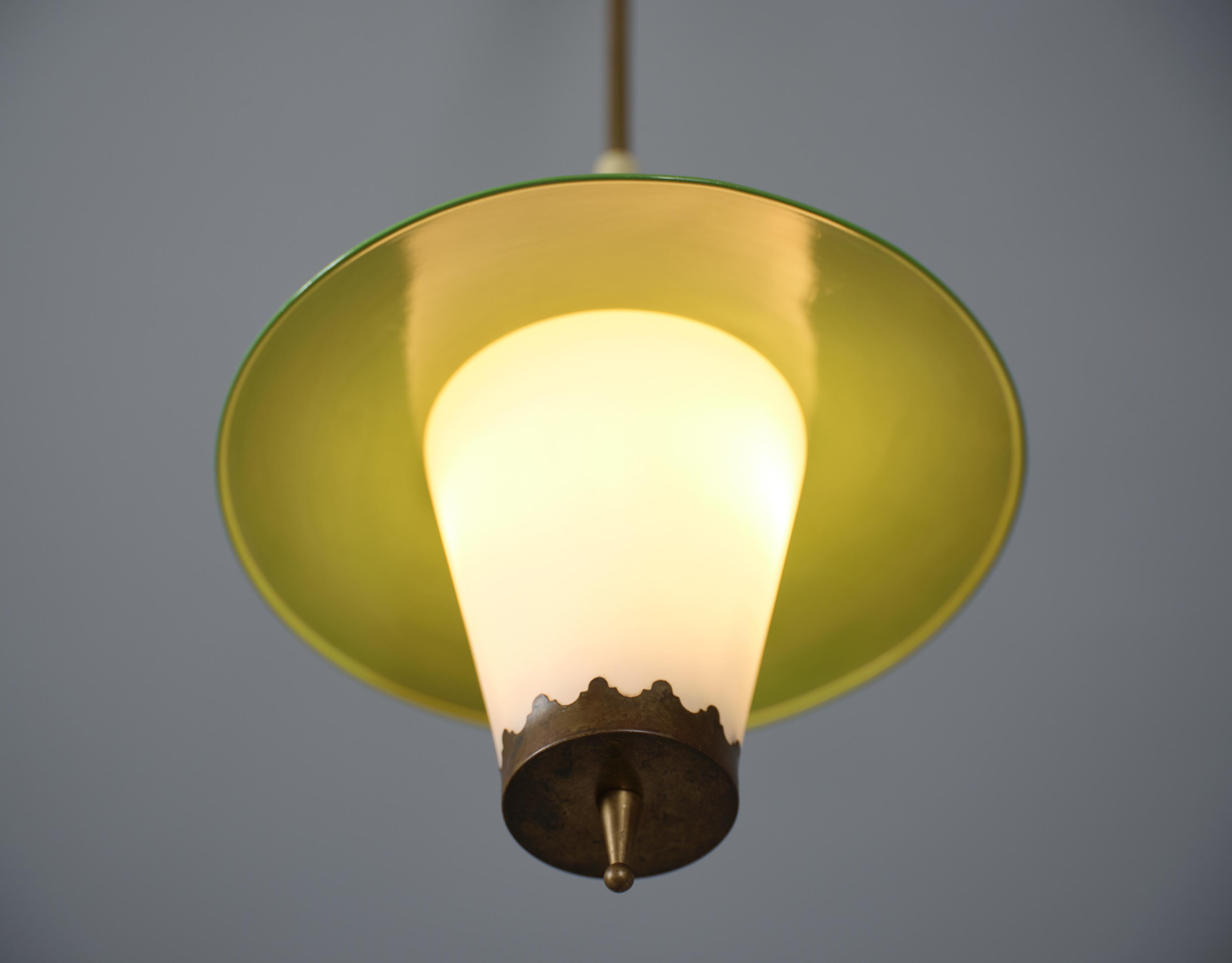 Metal Vintage Italian Pendant Lamp in Brass, Iron and Opaline Glass, 1950s