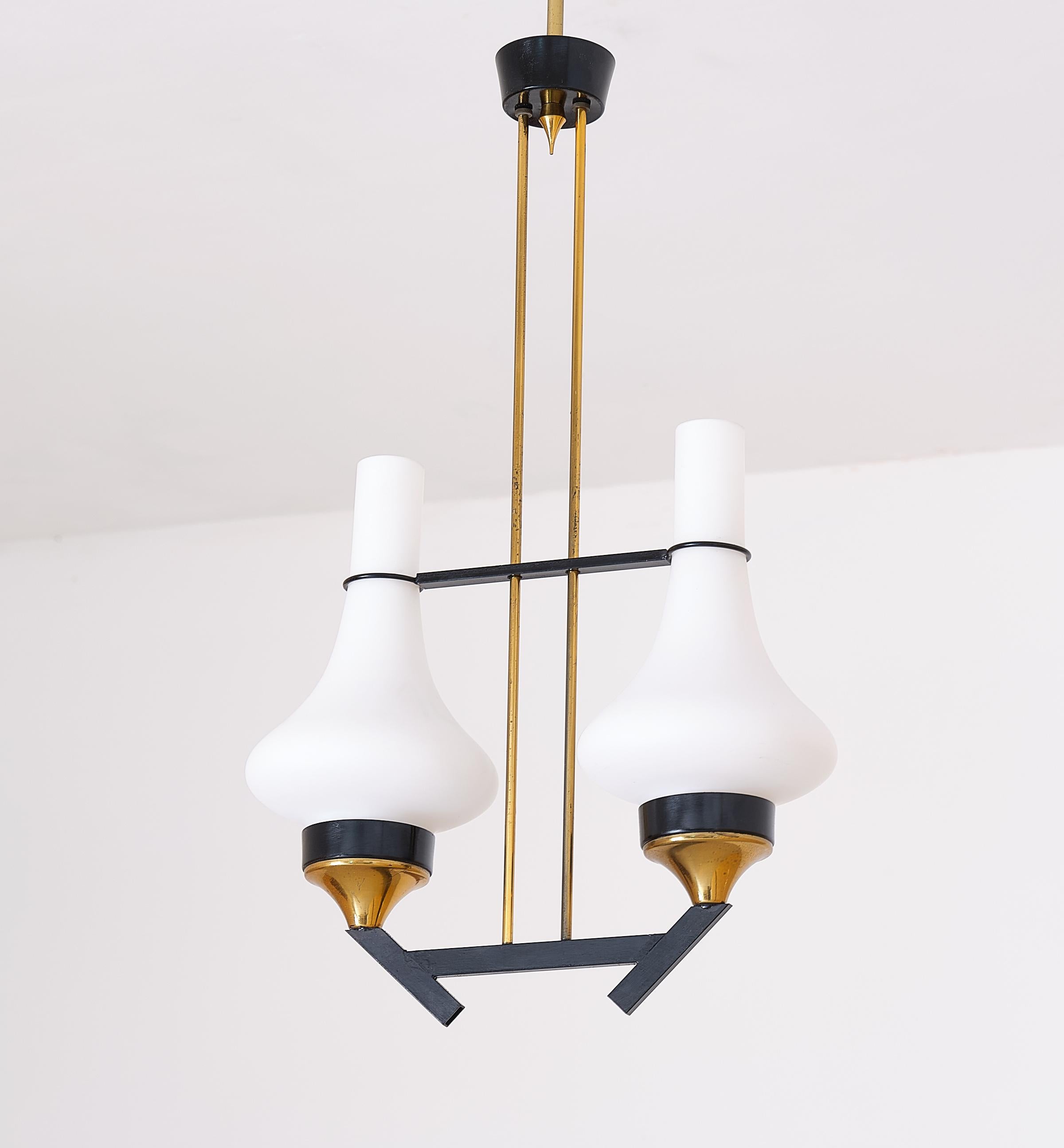 Vintage Italian Pendant Lamp in Brass, Iron and Opaline Glass, 1950s 2