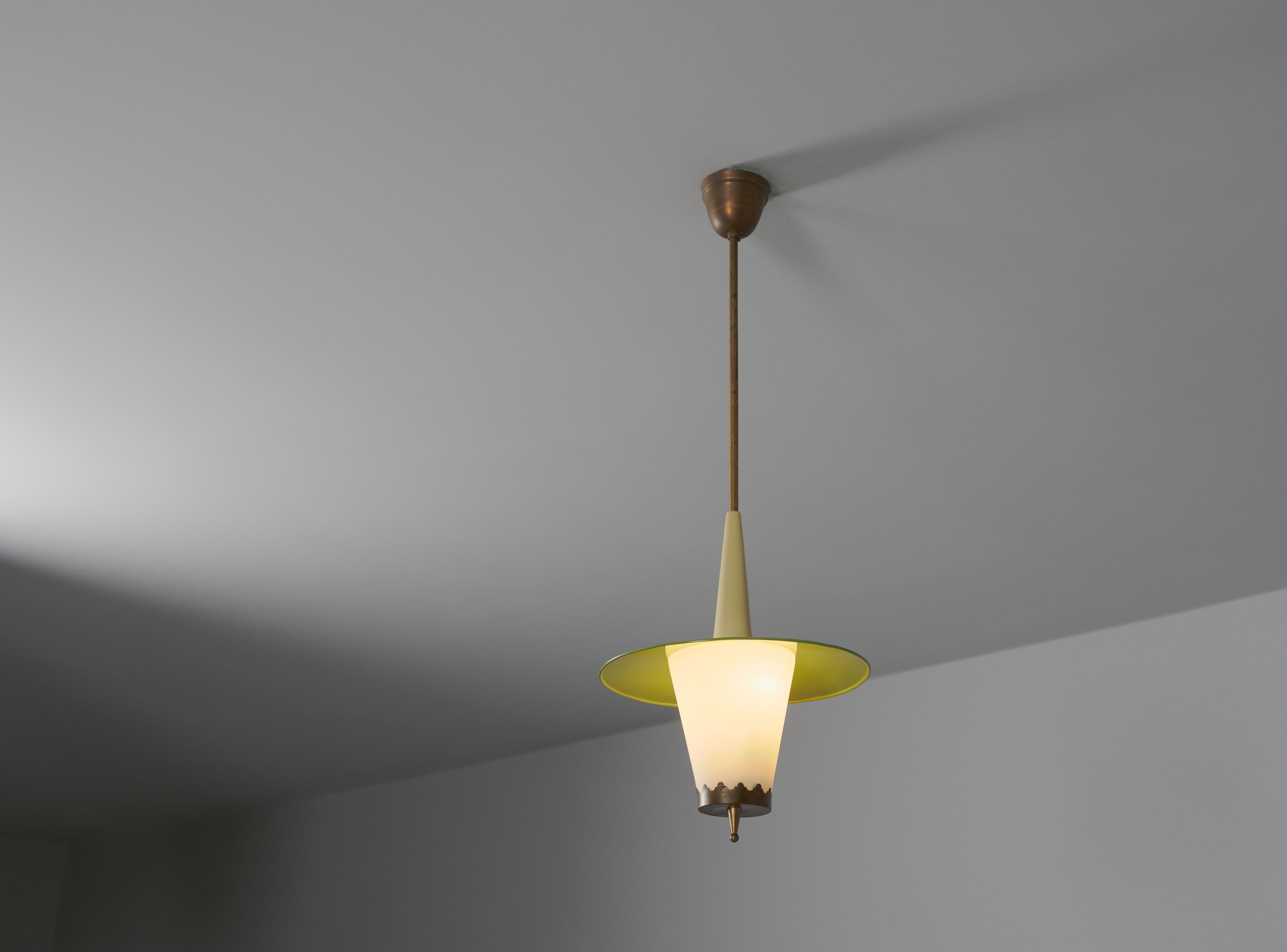 Vintage Italian Pendant Lamp in Brass, Iron and Opaline Glass, 1950s 1