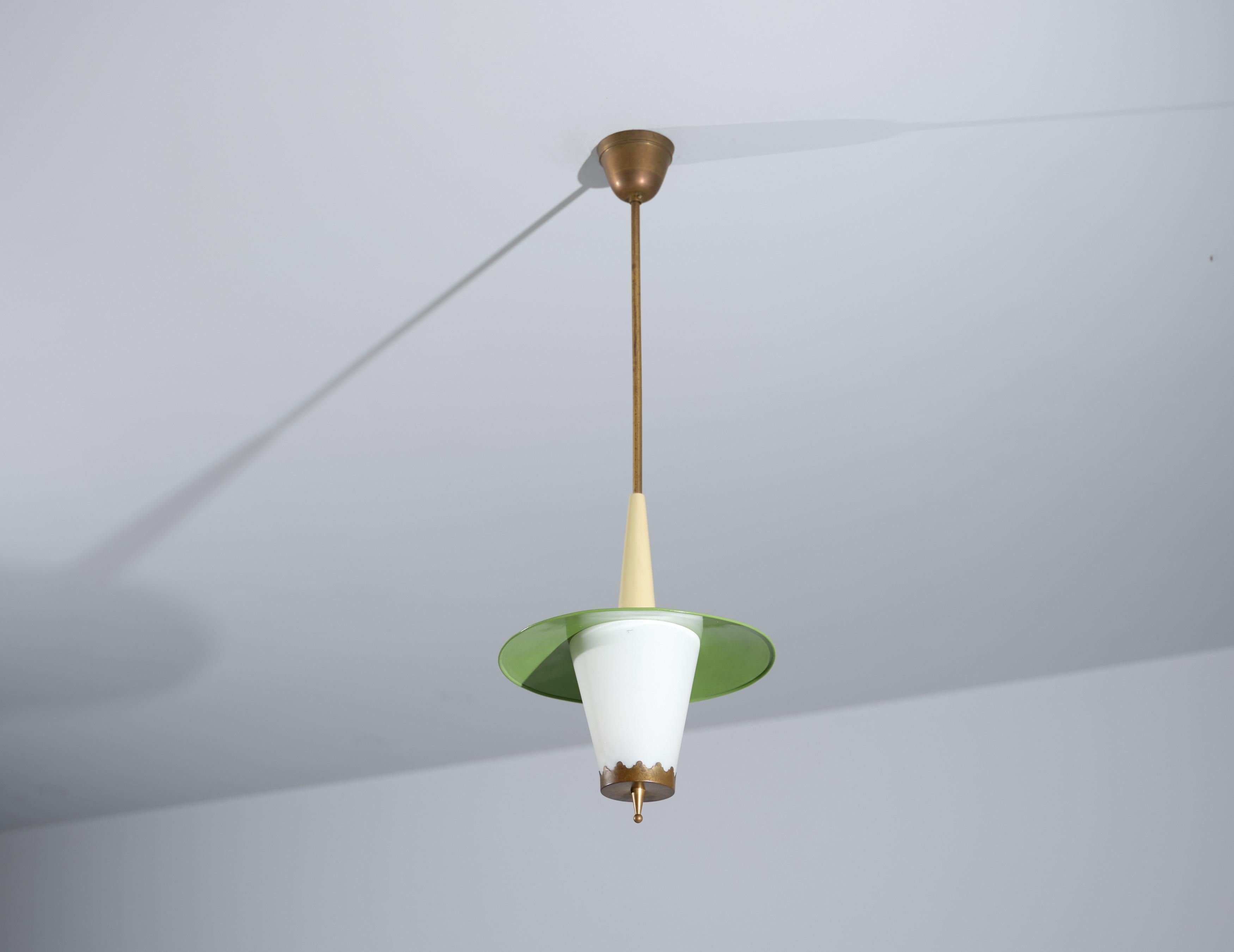 Vintage Italian Pendant Lamp in Brass, Iron and Opaline Glass, 1950s 2