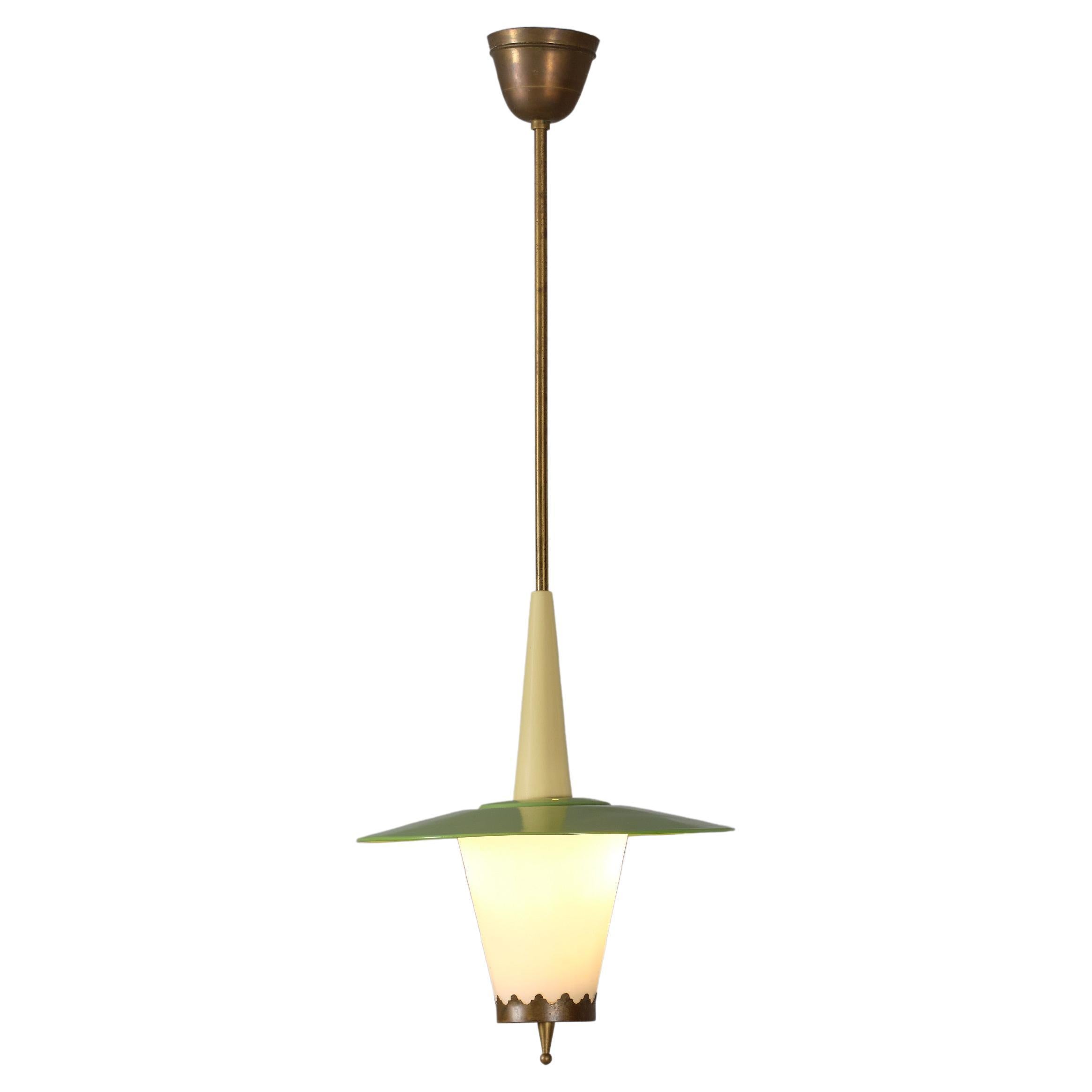 Vintage Italian Pendant Lamp in Brass, Iron and Opaline Glass, 1950s
