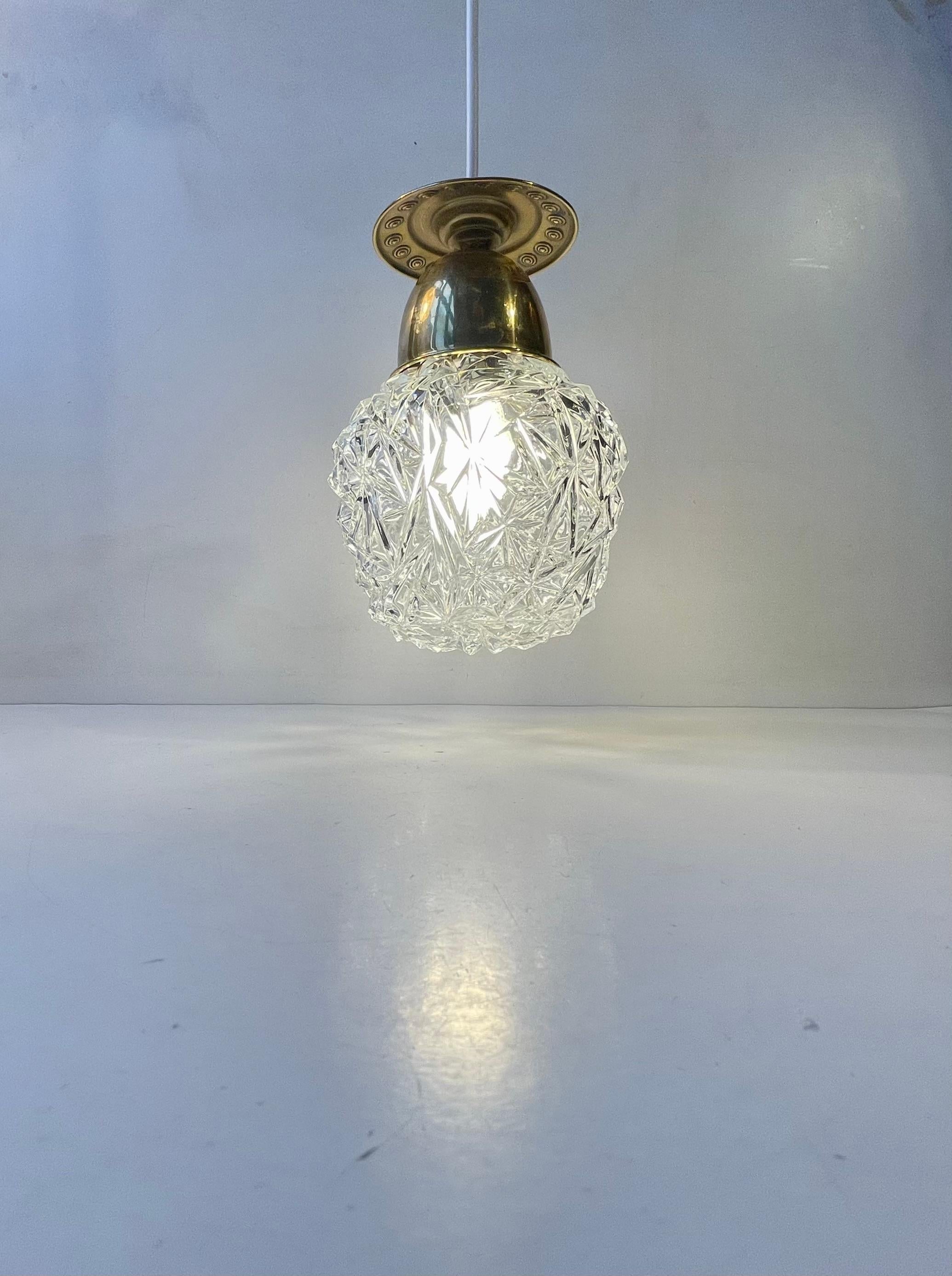 Mid-Century Modern Vintage Italian Pendant Lamp in pressed Glass & Brass, 1960s For Sale