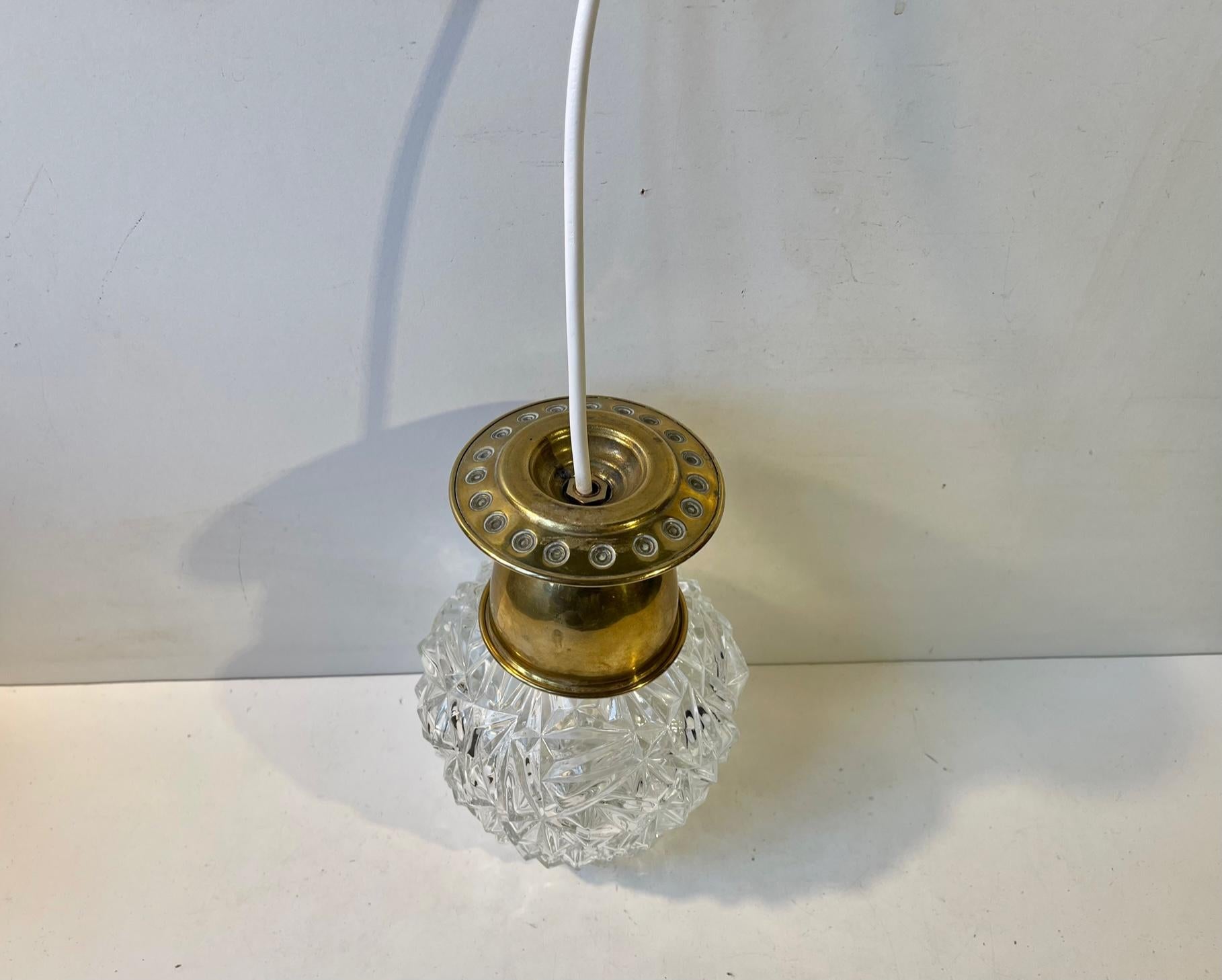 Vintage Italian Pendant Lamp in pressed Glass & Brass, 1960s For Sale 3