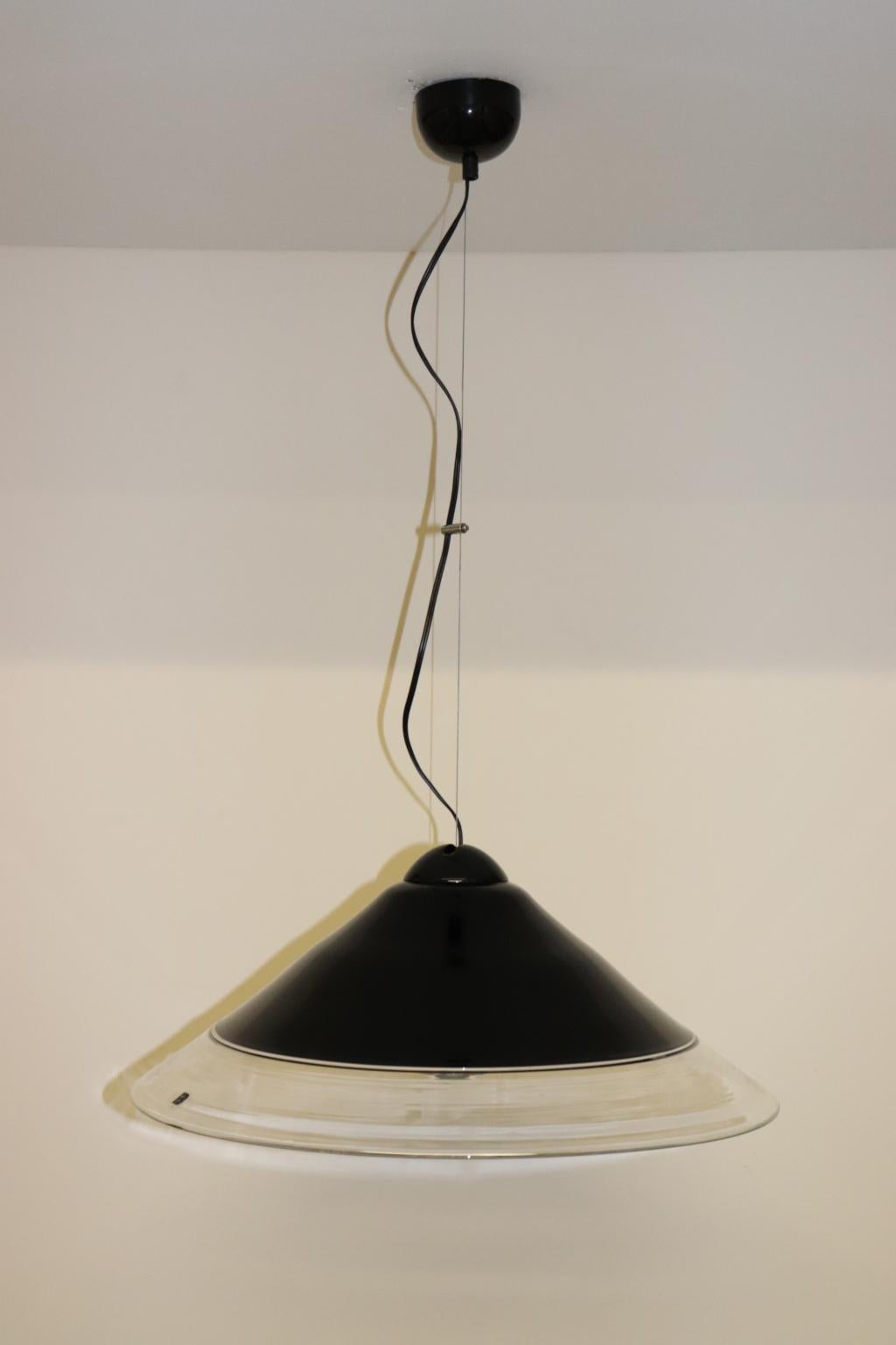 Mid-Century Modern Vintage Italian Pendant Lamp Murano Black-Crystal Glass Diffuser For Sale