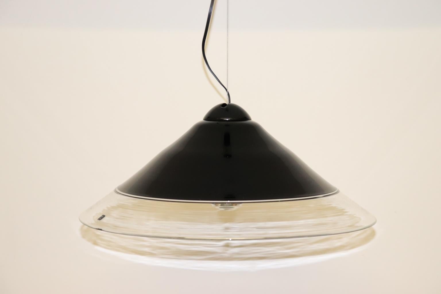 Hand-Crafted Vintage Italian Pendant Lamp Murano Black-Crystal Glass Diffuser For Sale