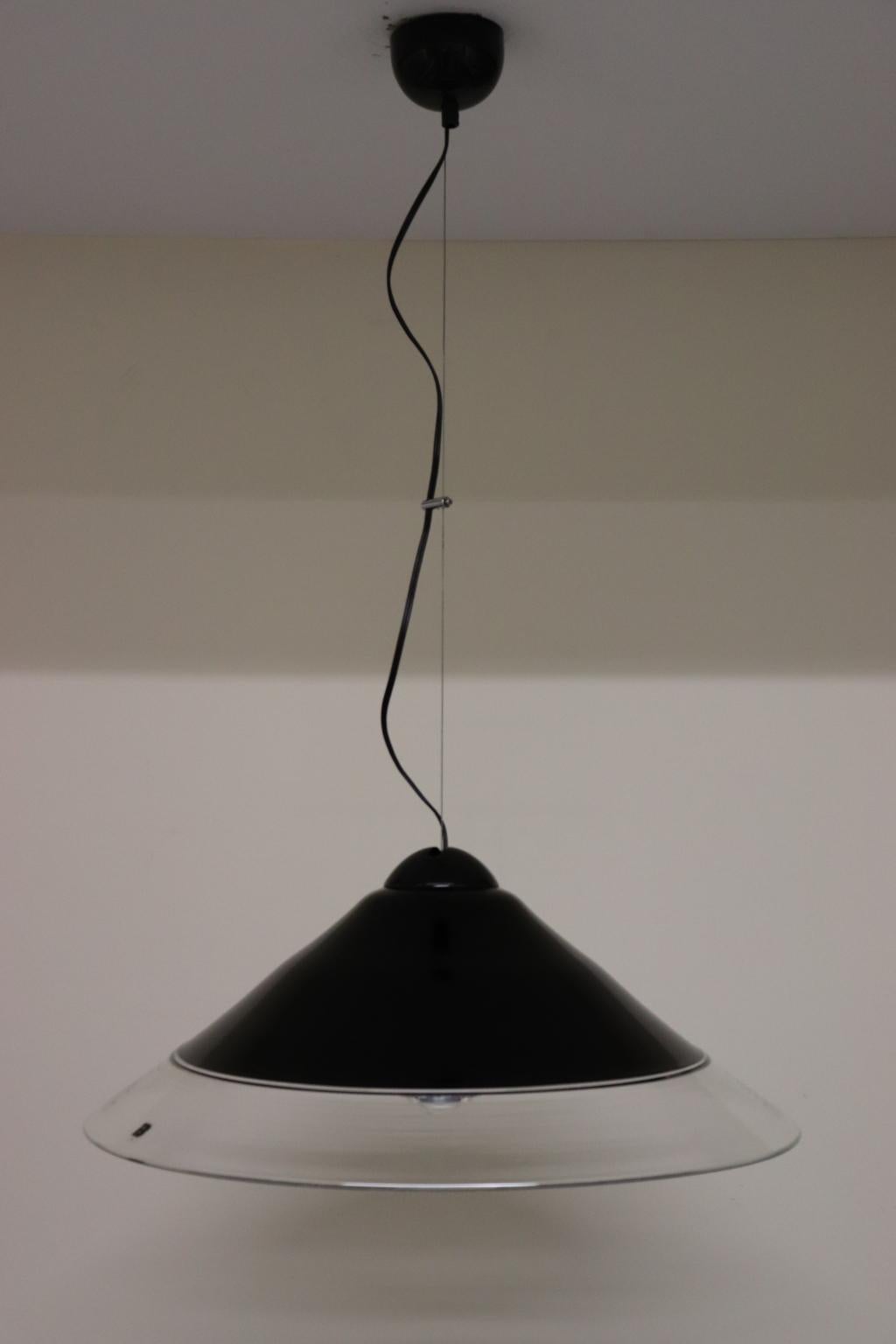Vintage Italian Pendant Lamp Murano Black-Crystal Glass Diffuser In Excellent Condition For Sale In Saddle Brook , NJ