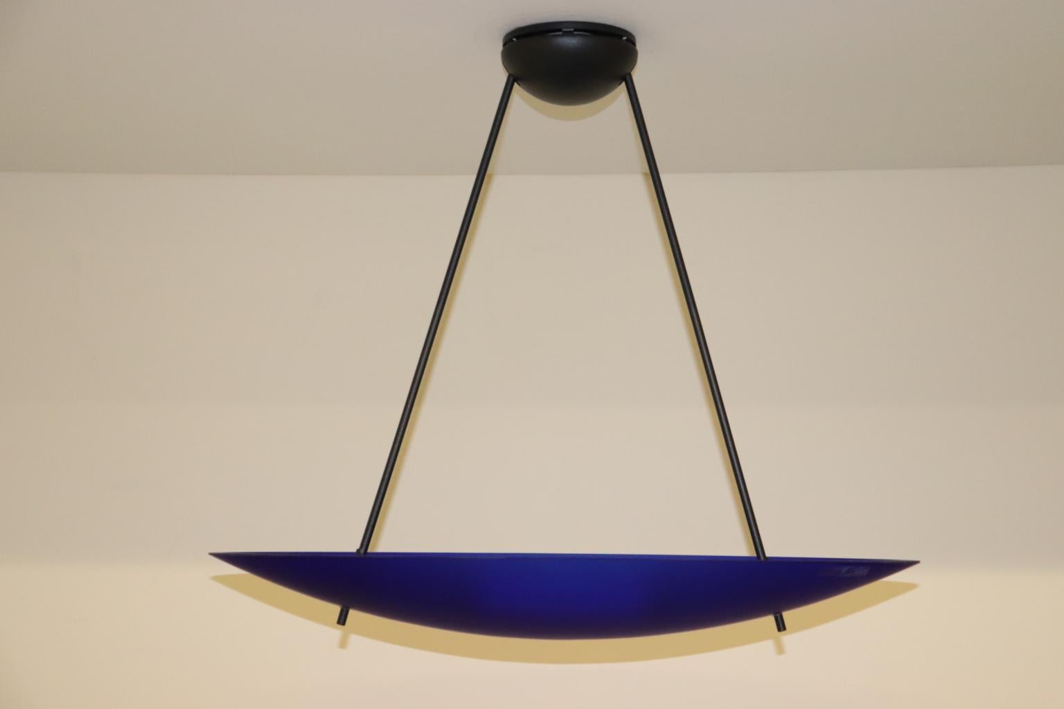 Mid-Century Modern Vintage Italian Pendant Lamp Murano Cobalt Blue Glass Diffuser For Sale