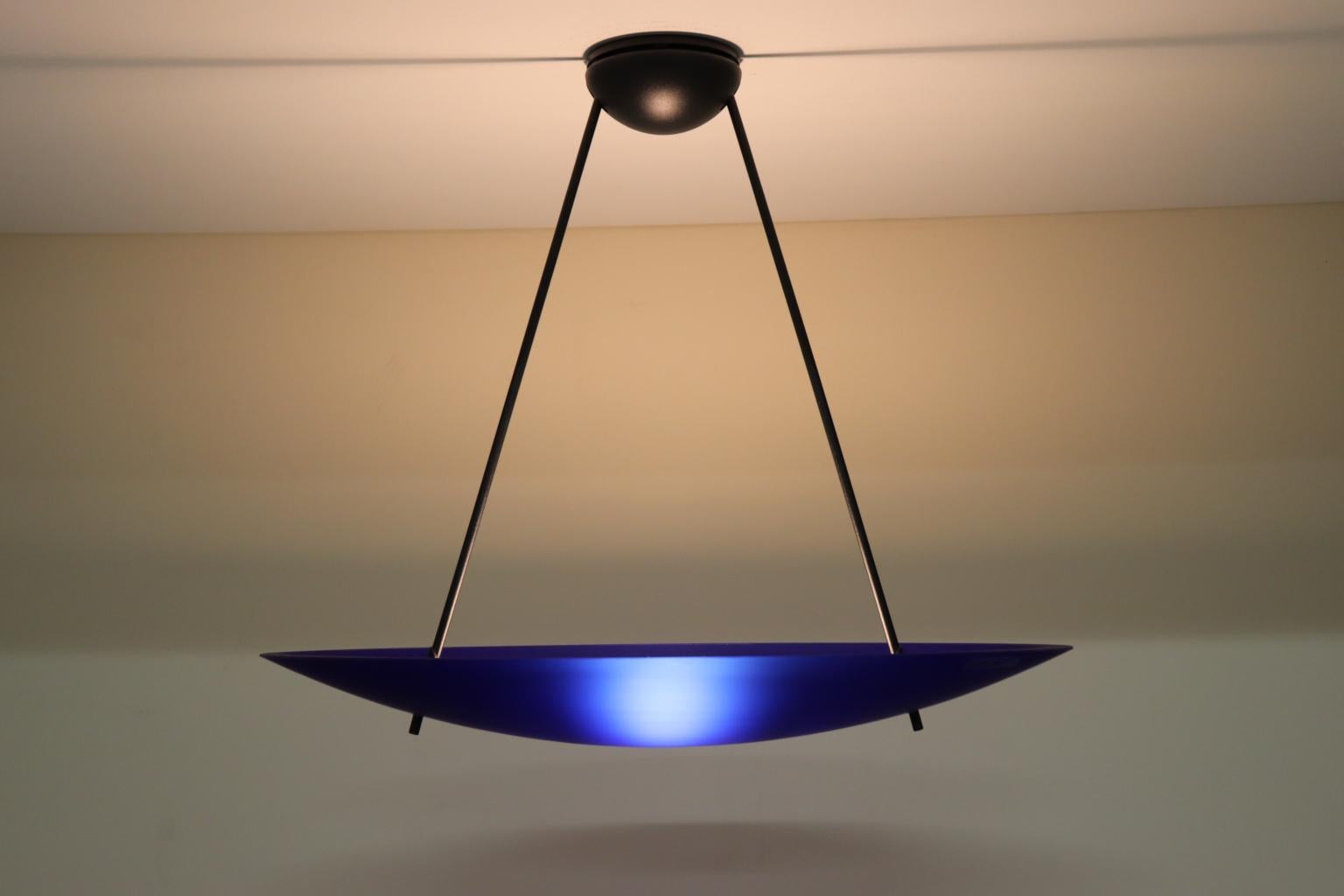 Hand-Crafted Vintage Italian Pendant Lamp Murano Cobalt Blue Glass Diffuser For Sale