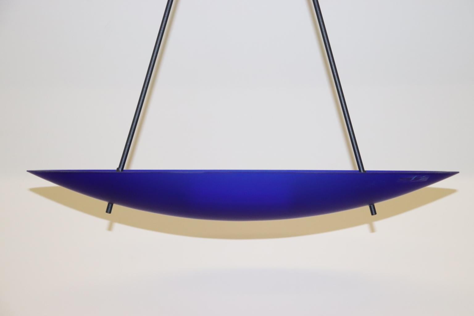 Vintage Italian Pendant Lamp Murano Cobalt Blue Glass Diffuser In Excellent Condition For Sale In Saddle Brook , NJ