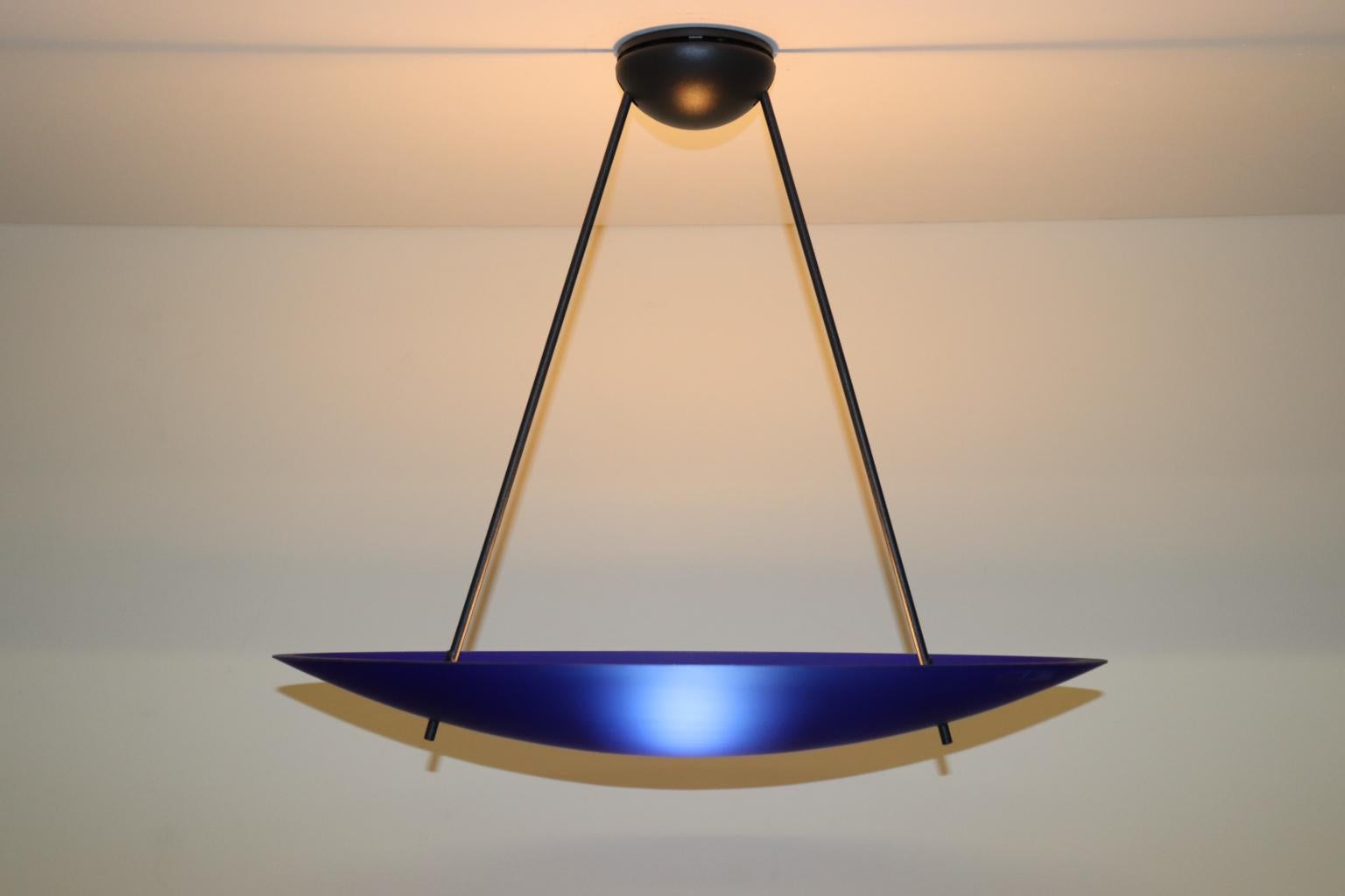 Metal Vintage Italian Pendant Lamp Murano Cobalt Blue Glass Diffuser For Sale