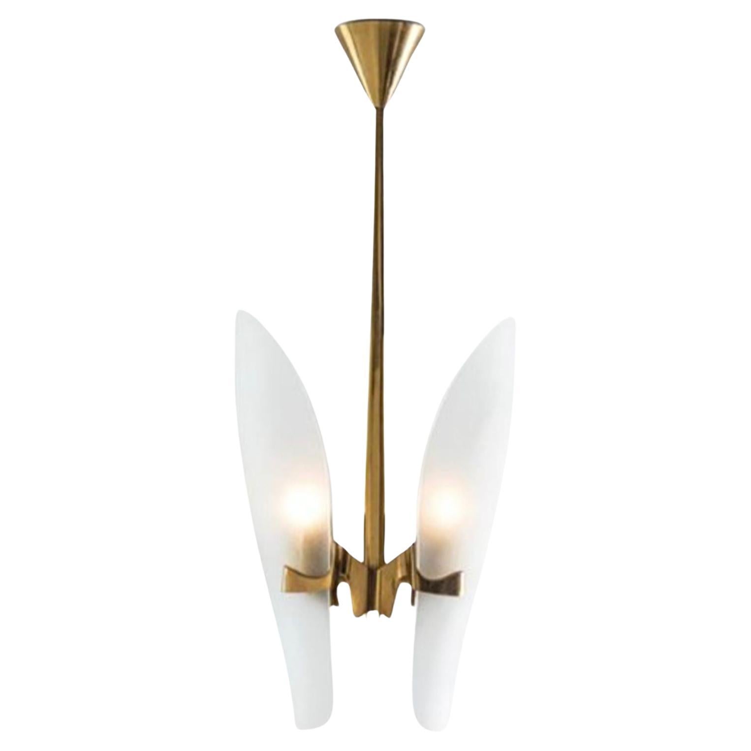 Vintage Italian Pendant w Brass & Frosted Glass by Max Ingrand for Fontana Arte