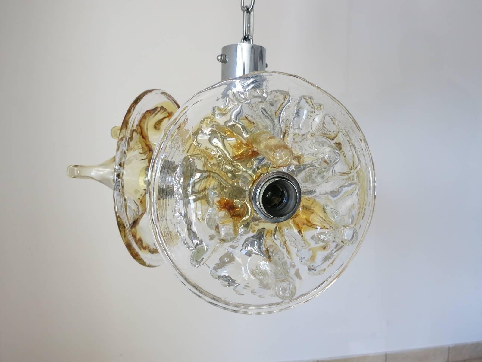 Mid-20th Century Vintage Italian Pendant w/ Clear & Amber Murano Glass by Mazzega For Sale