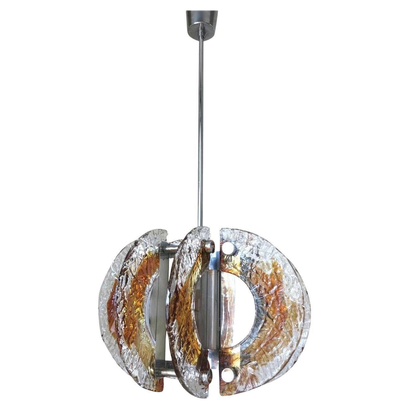 Lampe à suspension italienne vintage avec verre de Murano transparent et ambré par Mazzega en vente