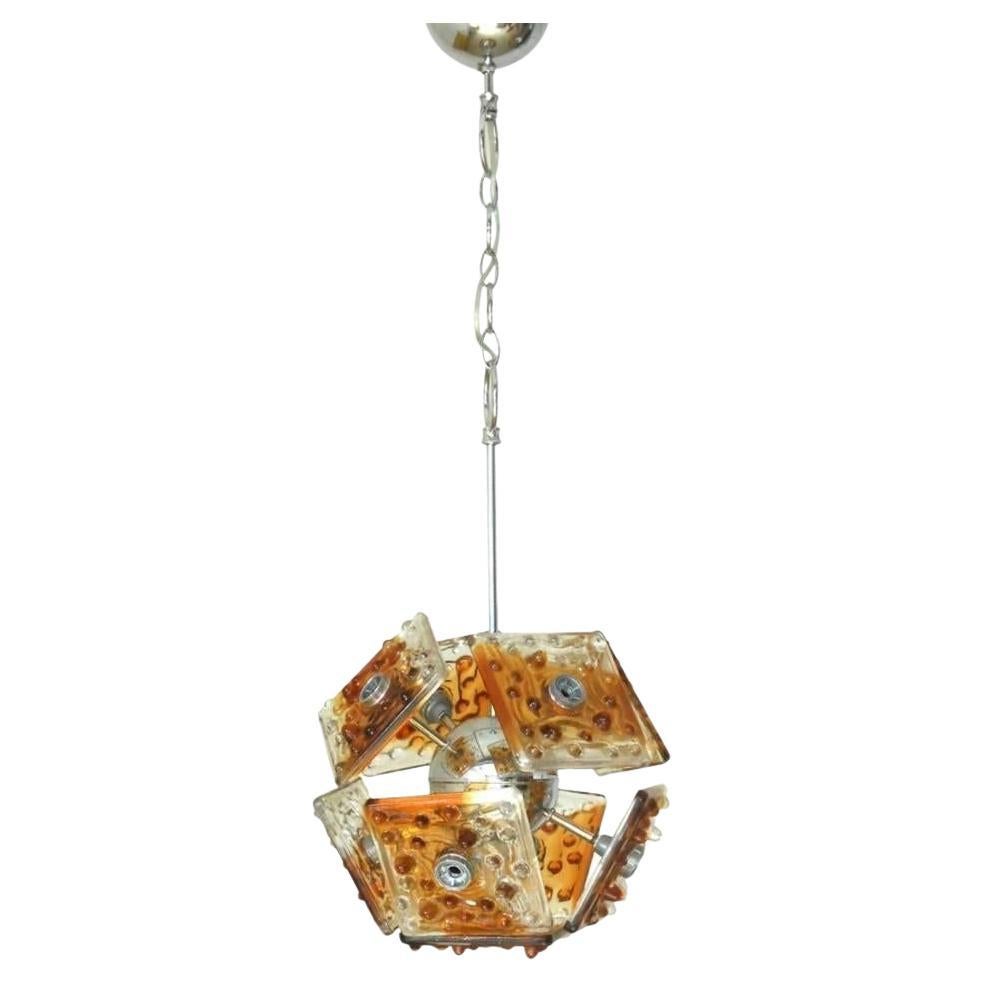 Lampe à suspension italienne vintage avec verre de Murano transparent et ambré par Mazzega