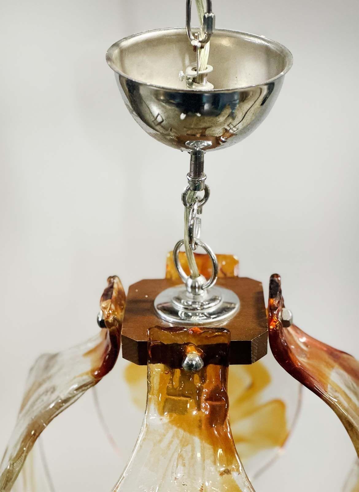 Verre de Murano Lampe à suspension italienne vintage avec verre de Murano transparent et ambré par Mazzega en vente