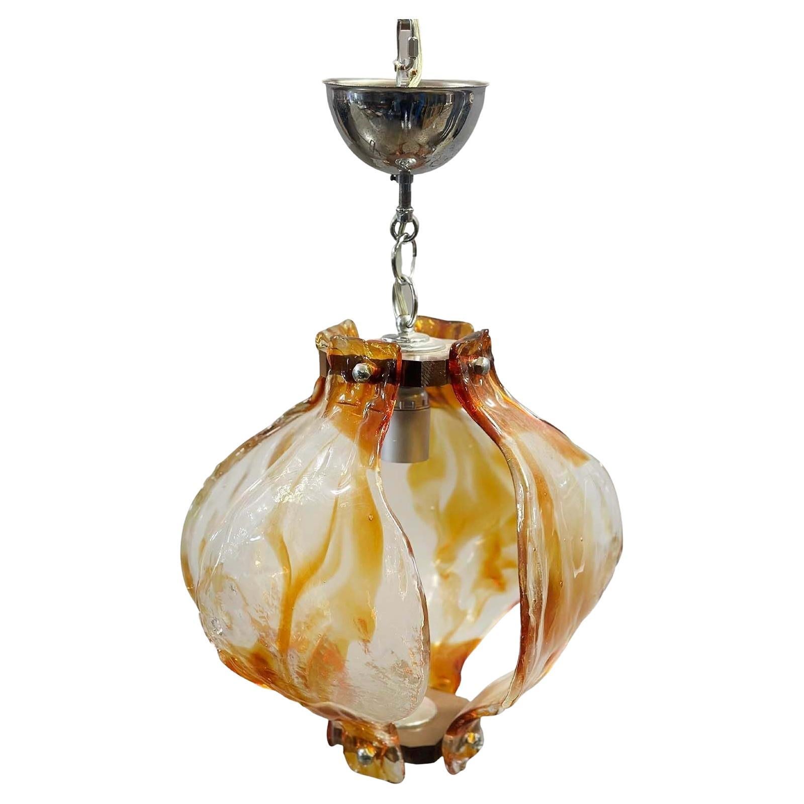 Lampe à suspension italienne vintage avec verre de Murano transparent et ambré par Mazzega en vente