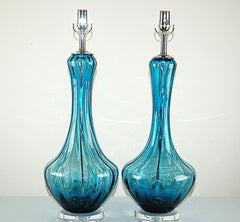 Lampes de table vintage en verre « Petticoat » d'inspiration italienne, bleu sarcelle