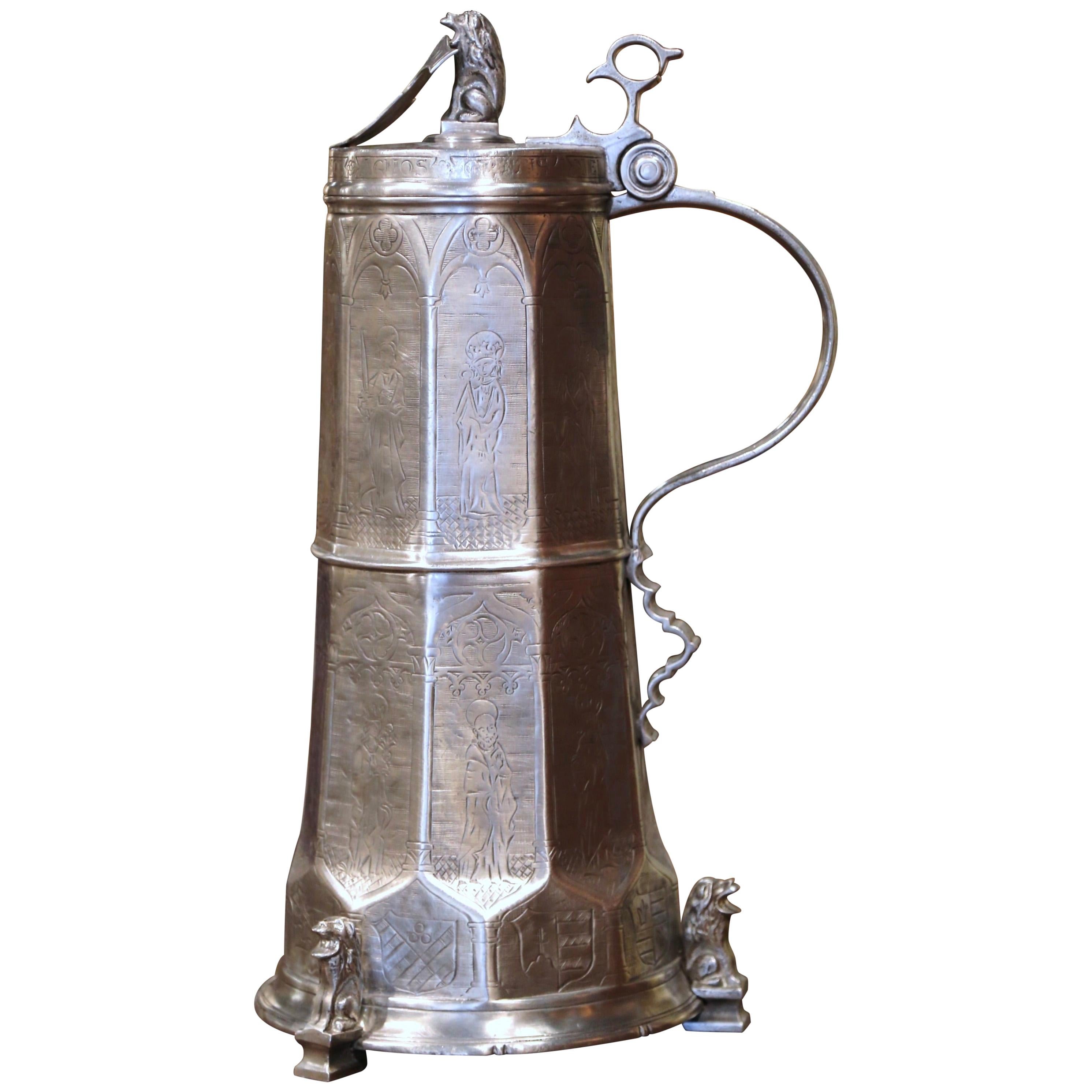 Vintage Italian Pewter Beer Stein with Lion Motifs and Engraved Decor For Sale