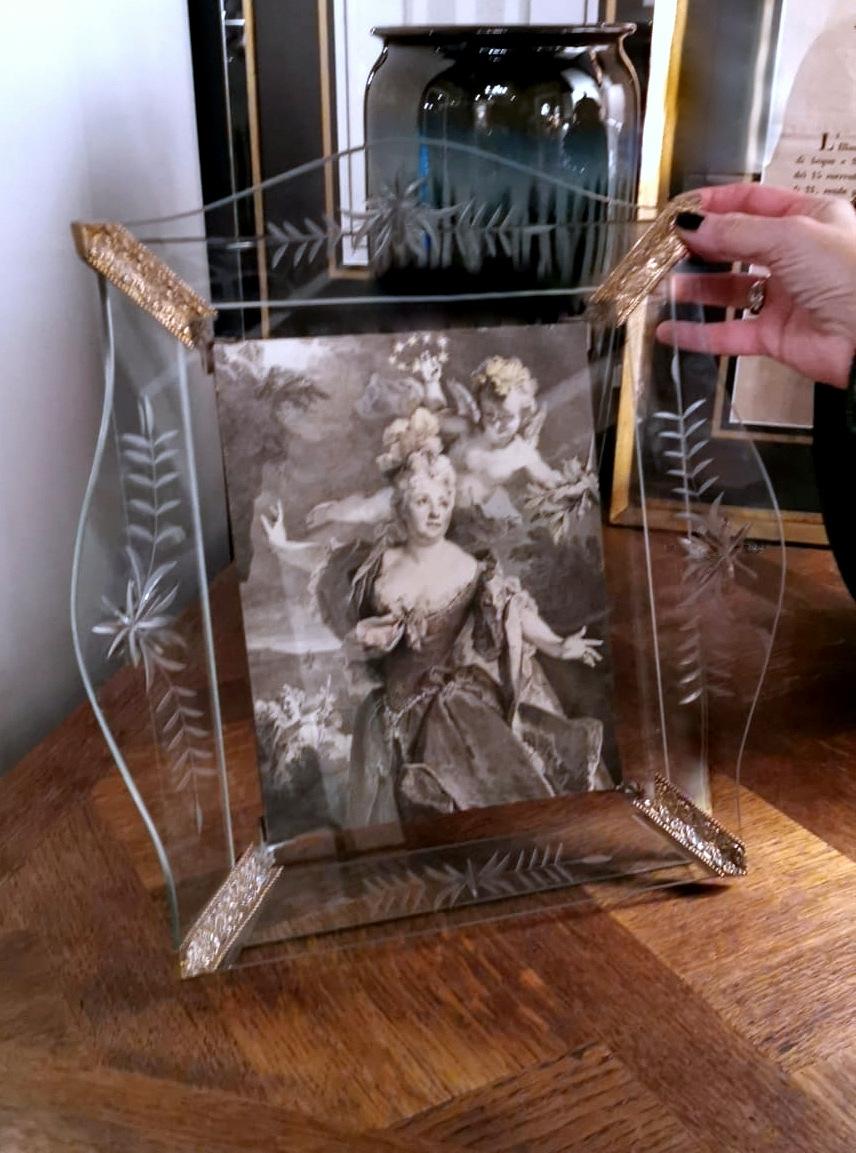 Vintage Italian Picture Frame With Engraved And Ground Crystal Plates 12