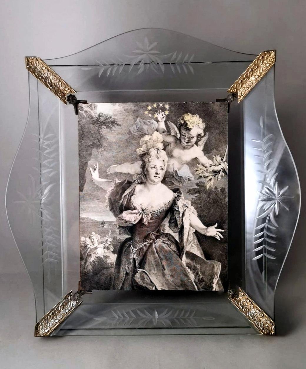 Mid-Century Modern Vintage Italian Picture Frame With Engraved And Ground Crystal Plates