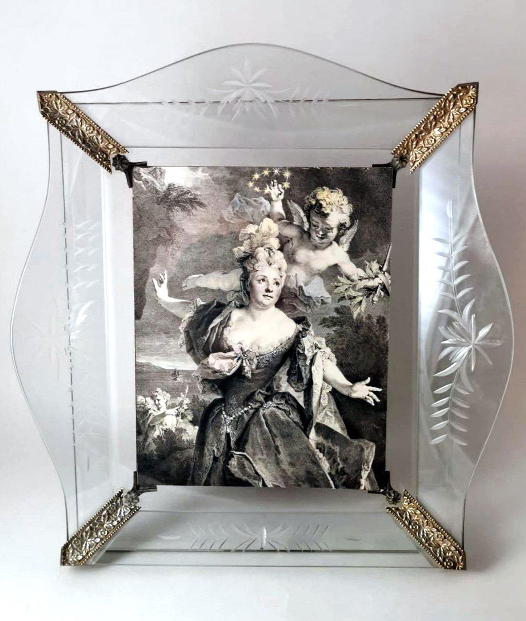 Hand-Crafted Vintage Italian Picture Frame With Engraved And Ground Crystal Plates