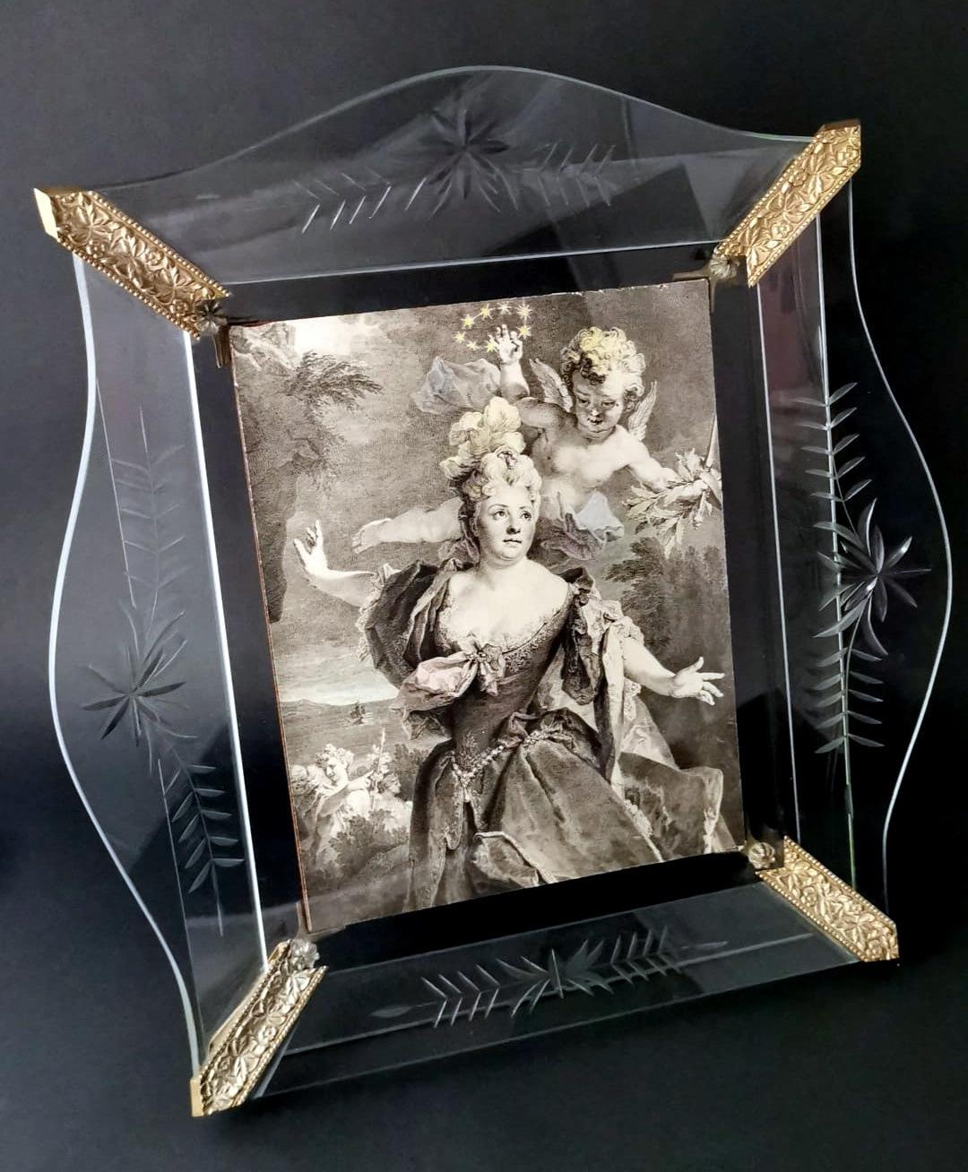 20th Century Vintage Italian Picture Frame With Engraved And Ground Crystal Plates