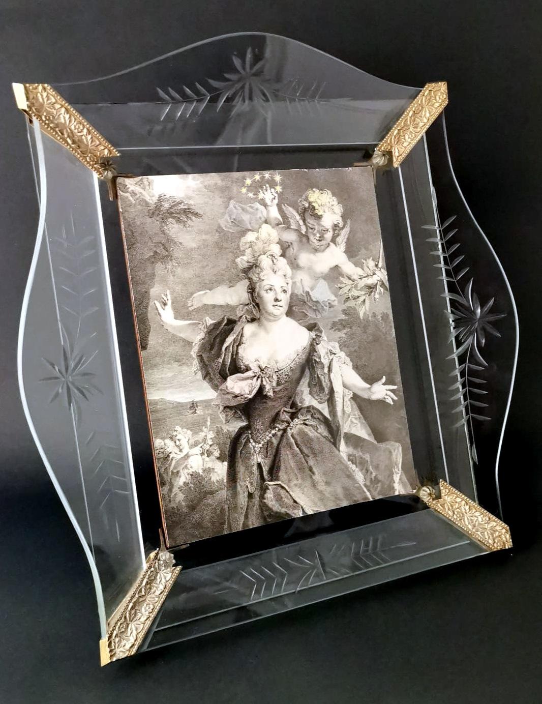 Brass Vintage Italian Picture Frame With Engraved And Ground Crystal Plates
