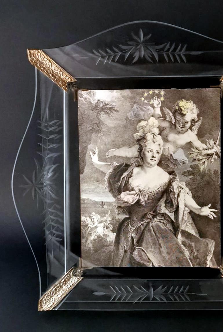 Vintage Italian Picture Frame With Engraved And Ground Crystal Plates 2
