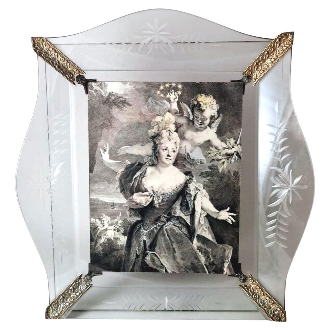 Vintage Italian Picture Frame With Engraved And Ground Crystal Plates