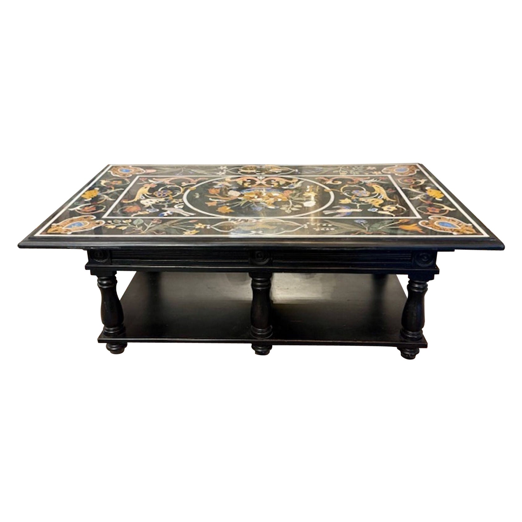 Vintage Italian Pietra Dura Inlaid Coffee Table on Lacquered Base