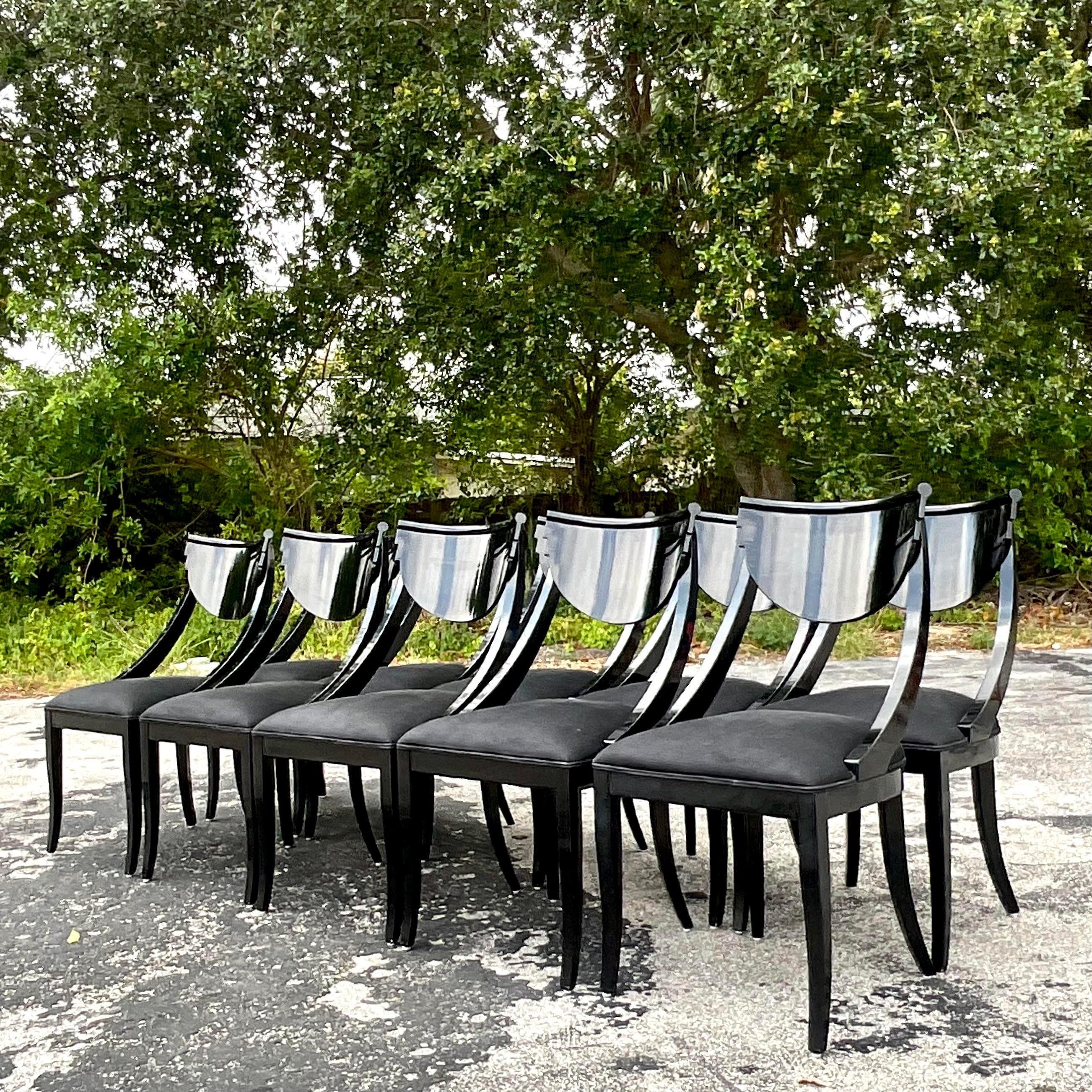 Mid-Century Modern Vintage Italian Pietro Constantini Black Lacquered Kilsmos Chairs - Set of 10 For Sale