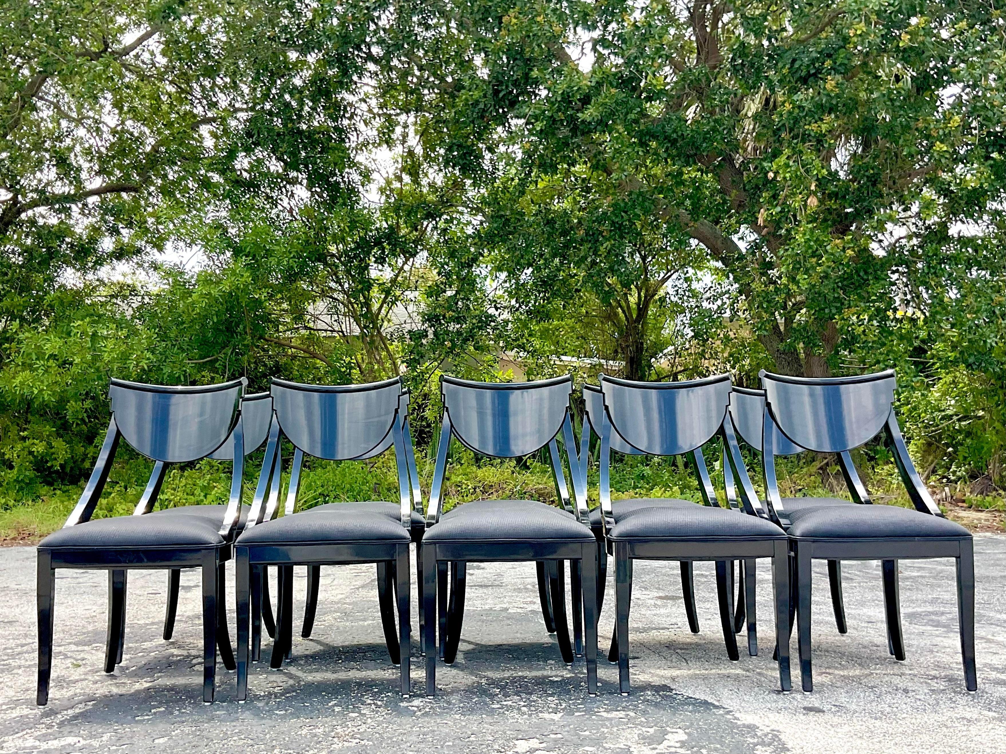 Vintage Italian Pietro Constantini Black Lacquered Kilsmos Chairs - Set of 10 In Good Condition For Sale In west palm beach, FL