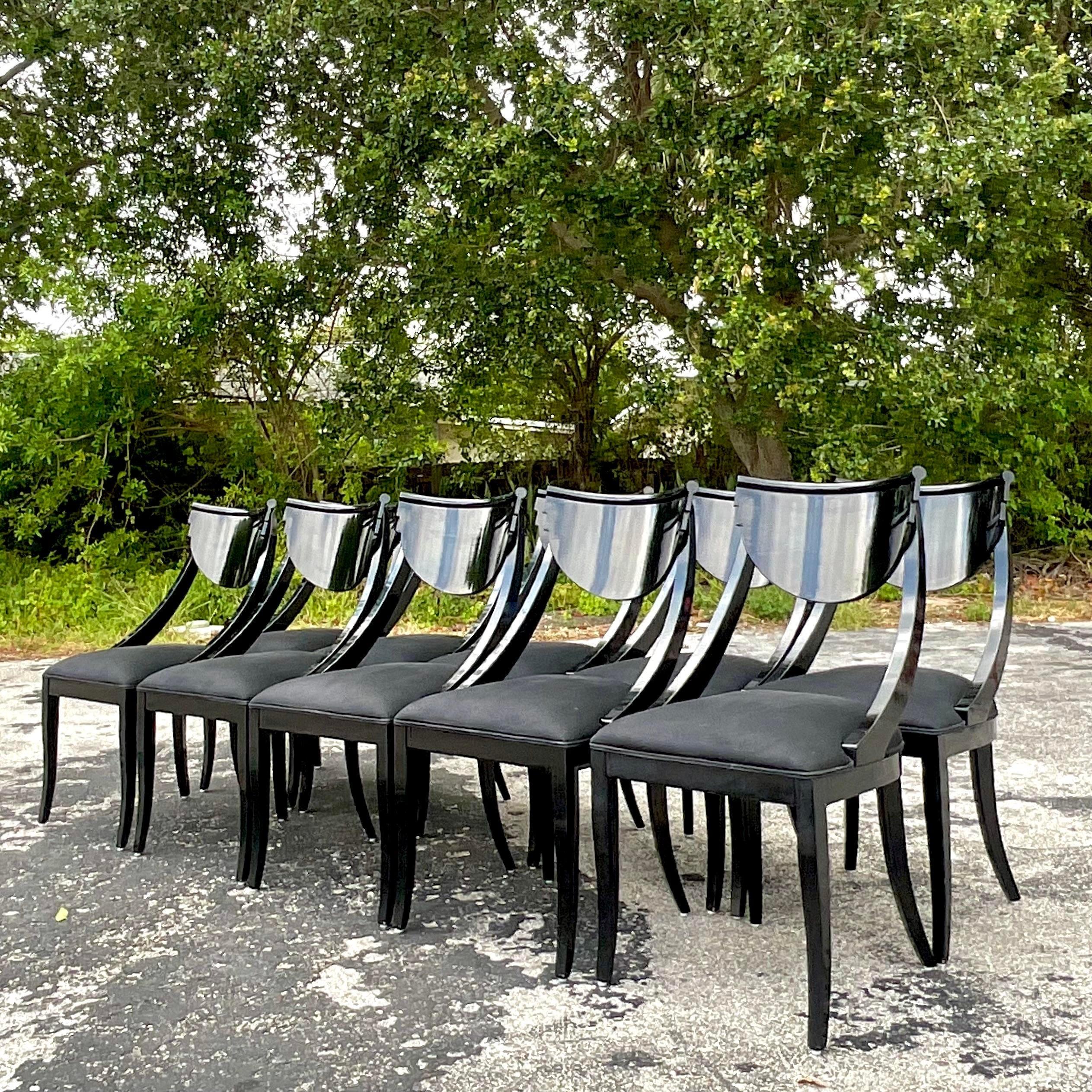 Upholstery Vintage Italian Pietro Constantini Black Lacquered Kilsmos Chairs - Set of 10 For Sale