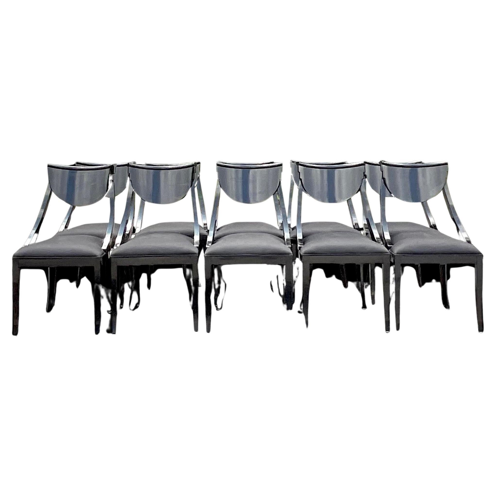 Vintage Italian Pietro Constantini Black Lacquered Kilsmos Chairs - Set of 10