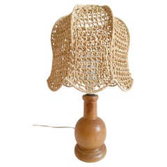 Mid-Century Bohemian Table Lamp, Pine Wood & Raffia, Italy, 1970s