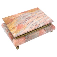 Vintage Italian Pink Breccia Marble Decorative Box with Brass Paw Feet Velvet